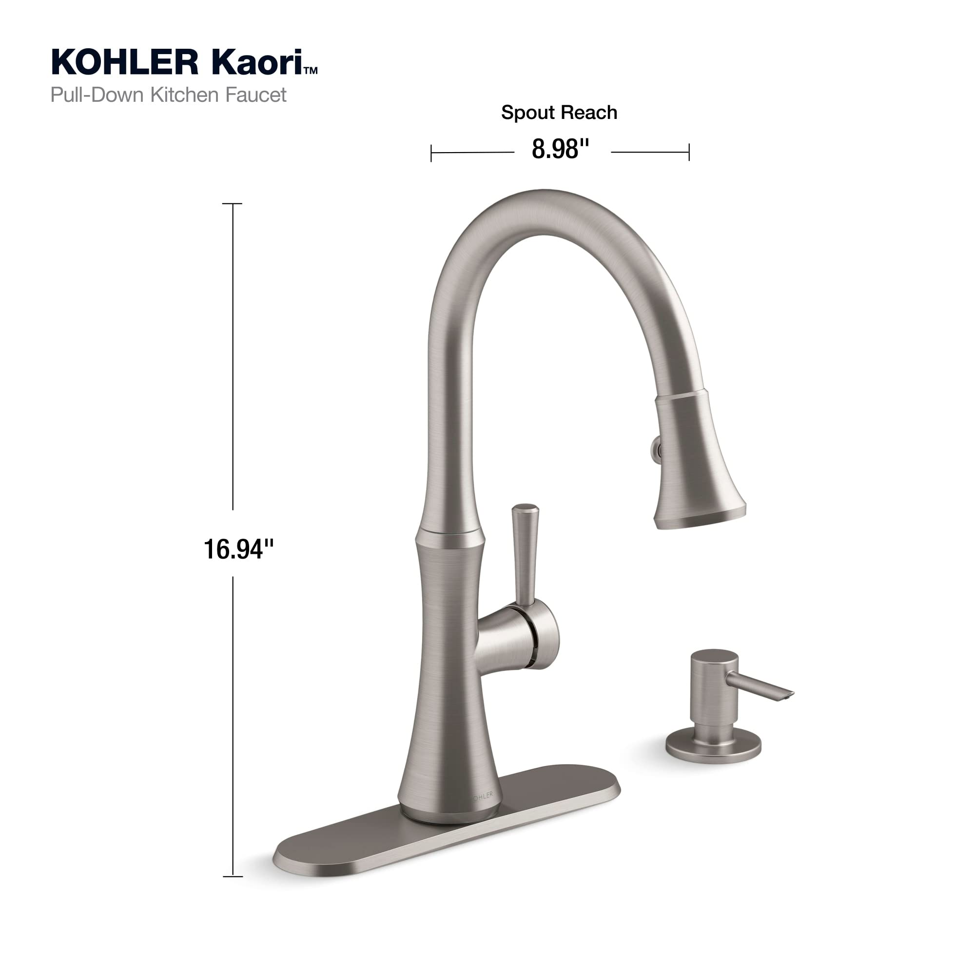 Kohler R28706-Sd-Vs Kaori Single Handle Kitchen Faucet With Pull Down Sprayer And Soap Dispenser, Vibrant Stainless
