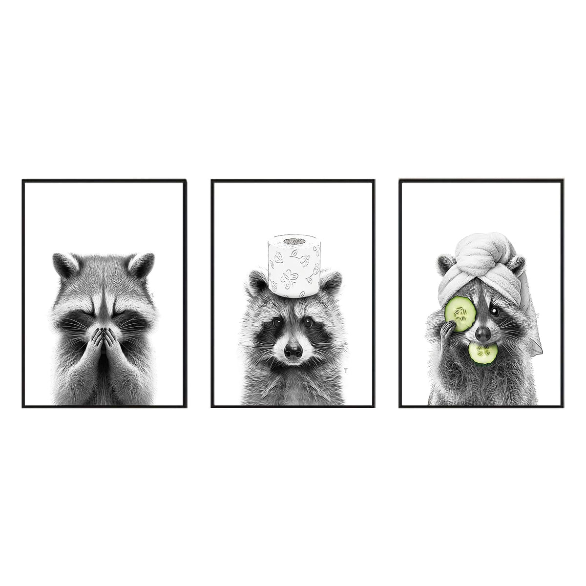 Twnslla Adorable Raccoon Bathroom Wall Art Set Of 3,Funny Bathroom Dec ...