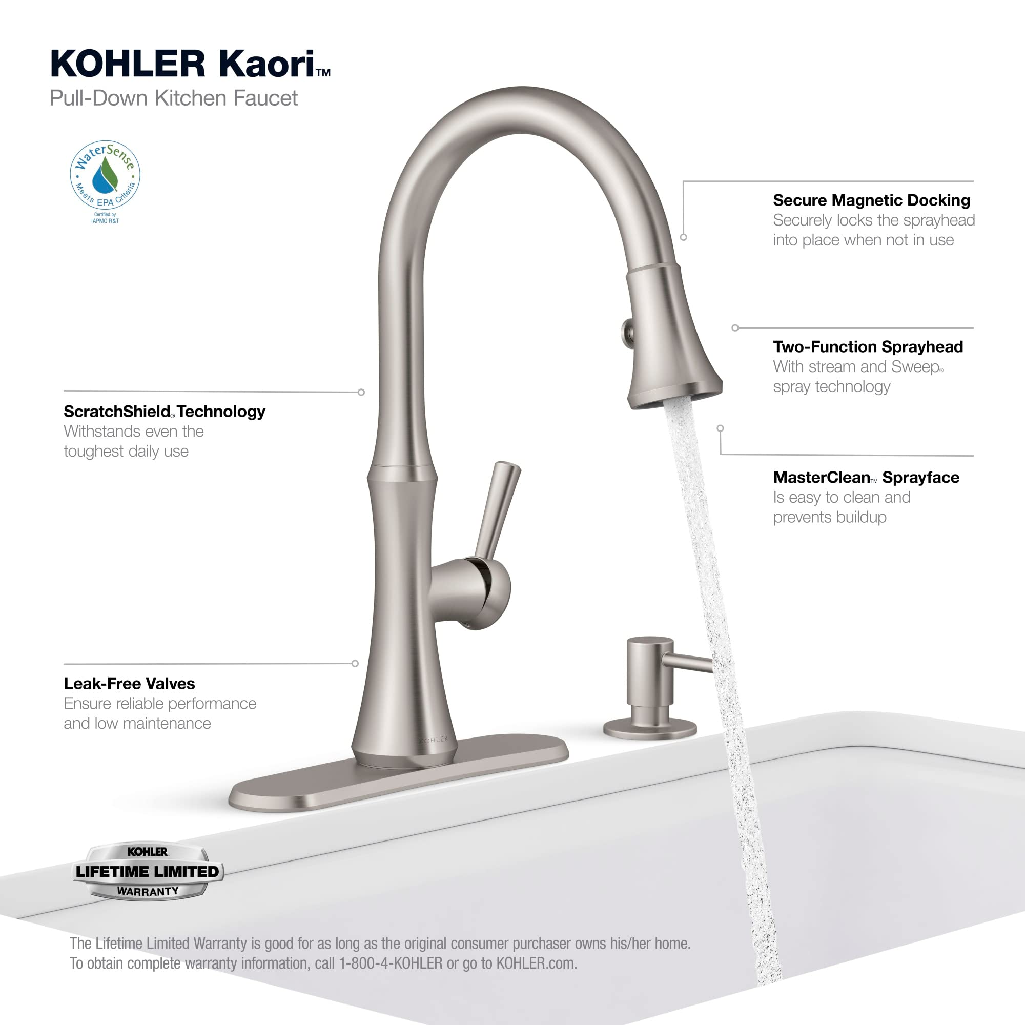 Kohler R28706-Sd-Vs Kaori Single Handle Kitchen Faucet With Pull Down Sprayer And Soap Dispenser, Vibrant Stainless