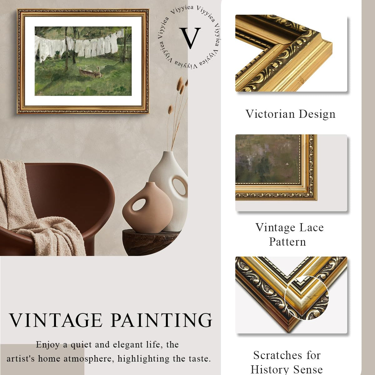 Viyyiea Gold Framed Wall Art Canvas Print Home Decor Vintage Laundry R ...