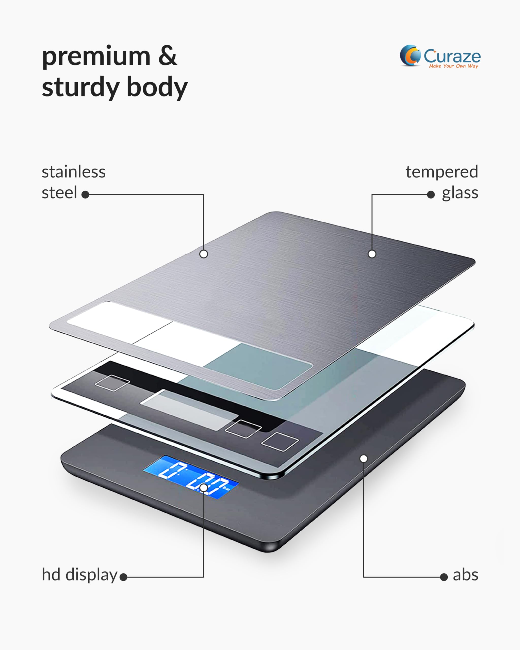 Curaze Digital Food Weight Machine For Kitchen Up To 10 Kg Capacity - Accurate Kitchen Weighing Scale For Home Baking, Cooking &