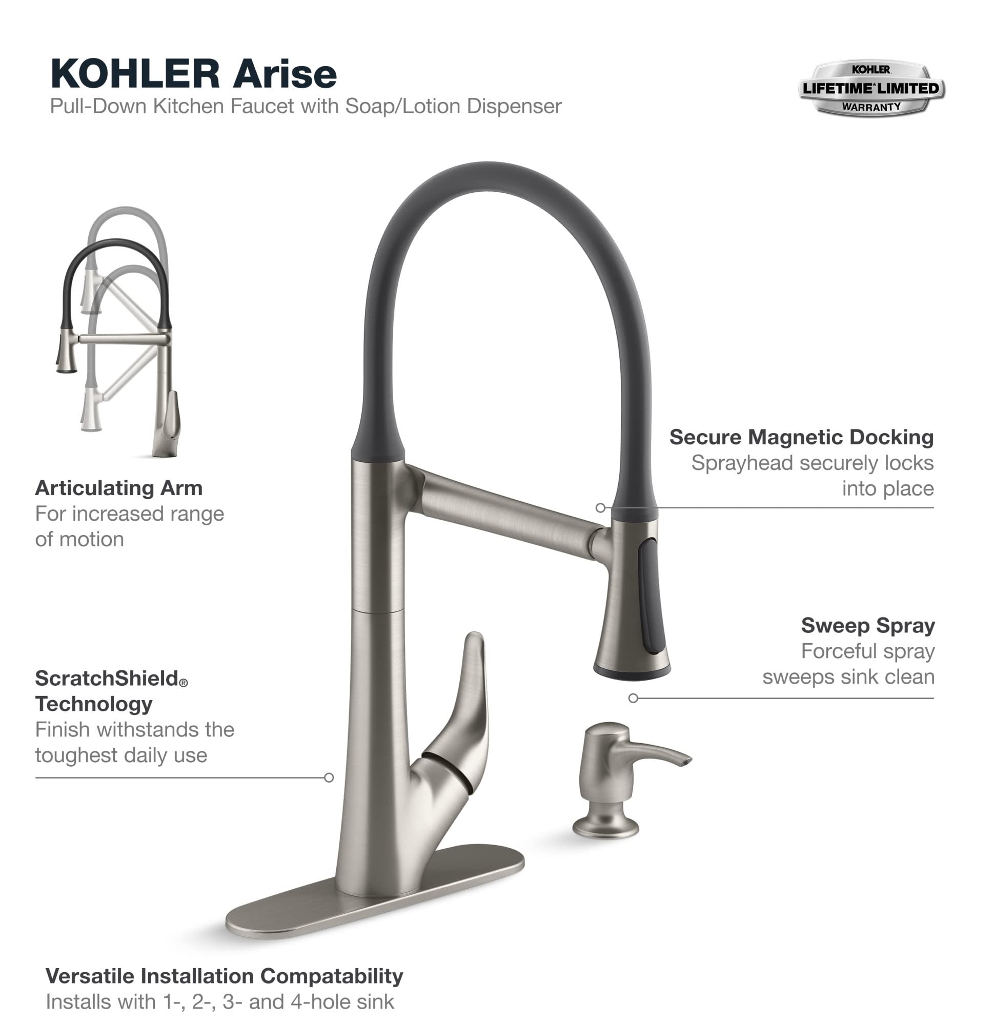 Kohler R77764-Sd-Vs Arise Articulating Pull Down Kitchen Faucet, Kitchen Faucet With Pul Down Sprayer And Soap Dispenser, Vibran