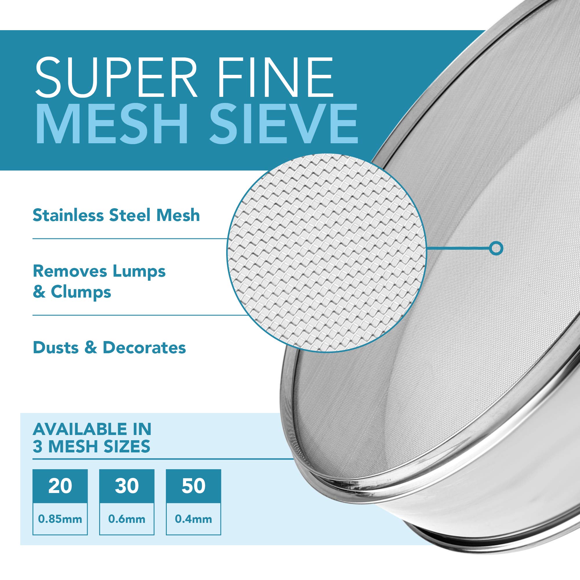 Vollum Stainless Steel Flour Sifter Fine Mesh Round Flour Sifter For Baking 8'' Diameter X 2.5'' High; Mesh-Hole Size 0.3Mm