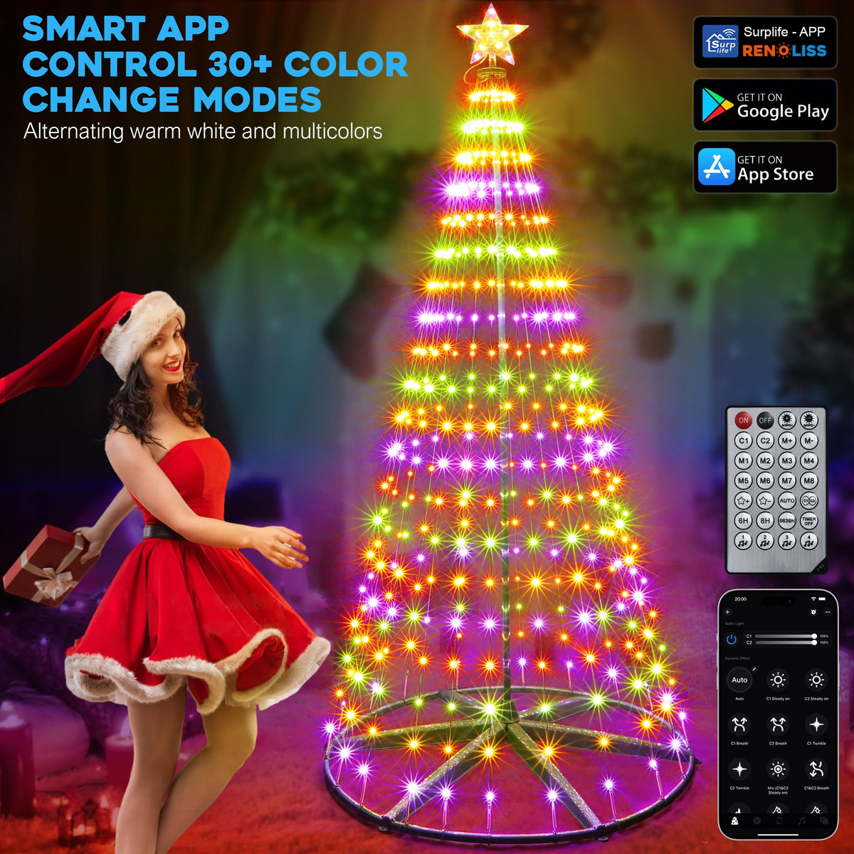 30+ Modes Smart Prelit Christmas Cone Tree with Lights - 4ft 119 LED A ...