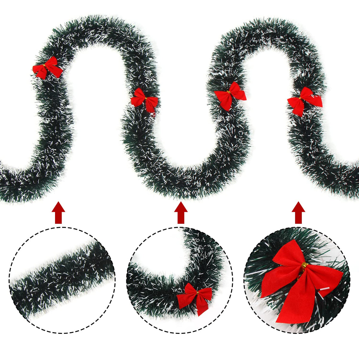 CCINEE 33Ft Christmas Tinsel Garland with Snow and 24 Red Bows for Xma ...