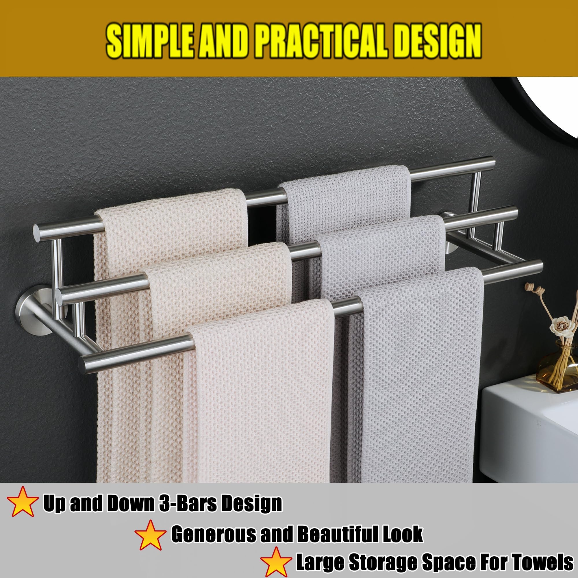 Alise Bath Towel Bars Towel Racks For Bathroom Lavatory,3 Towel Rails Large Towel Holder Sus304 Stainless Steel Towel Hanger Wal
