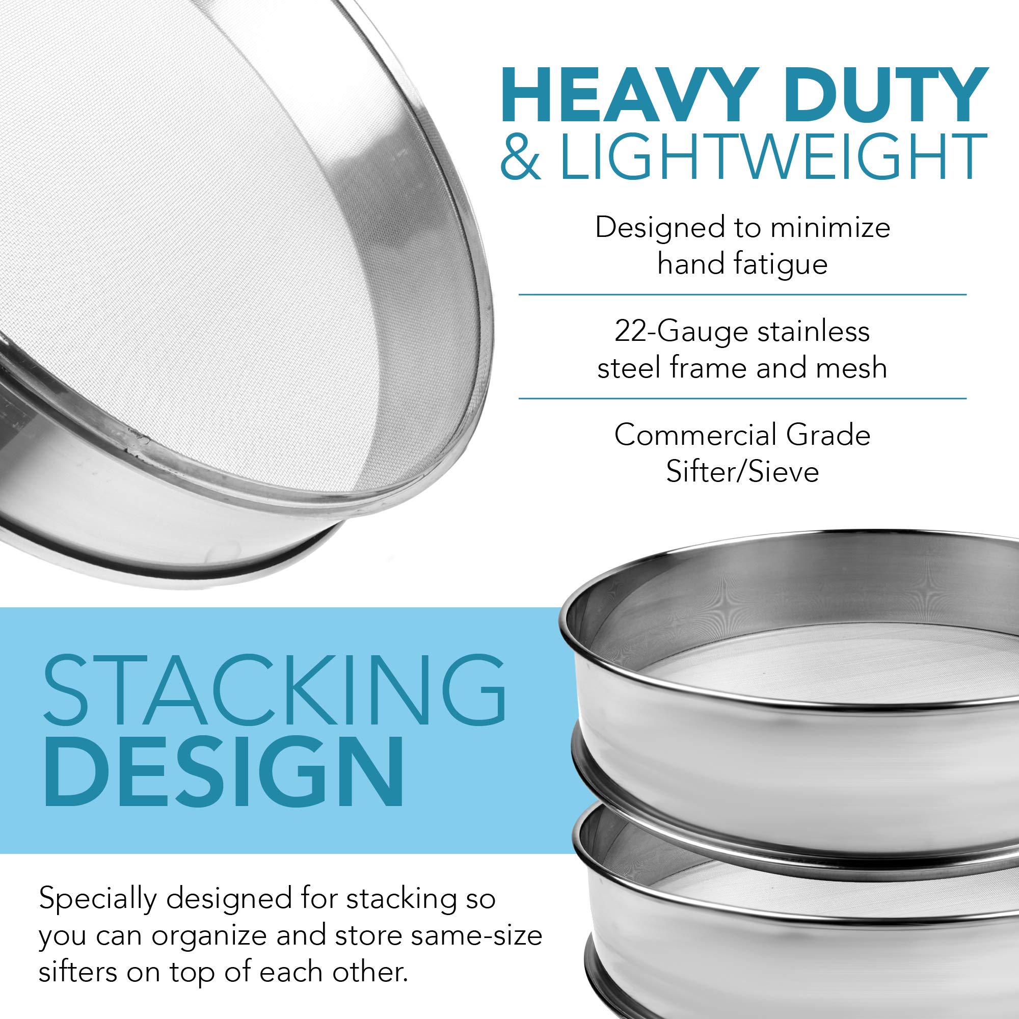 Vollum Stainless Steel Flour Sifter Fine Mesh Round Flour Sifter For Baking 8'' Diameter X 2.5'' High; Mesh-Hole Size 0.3Mm