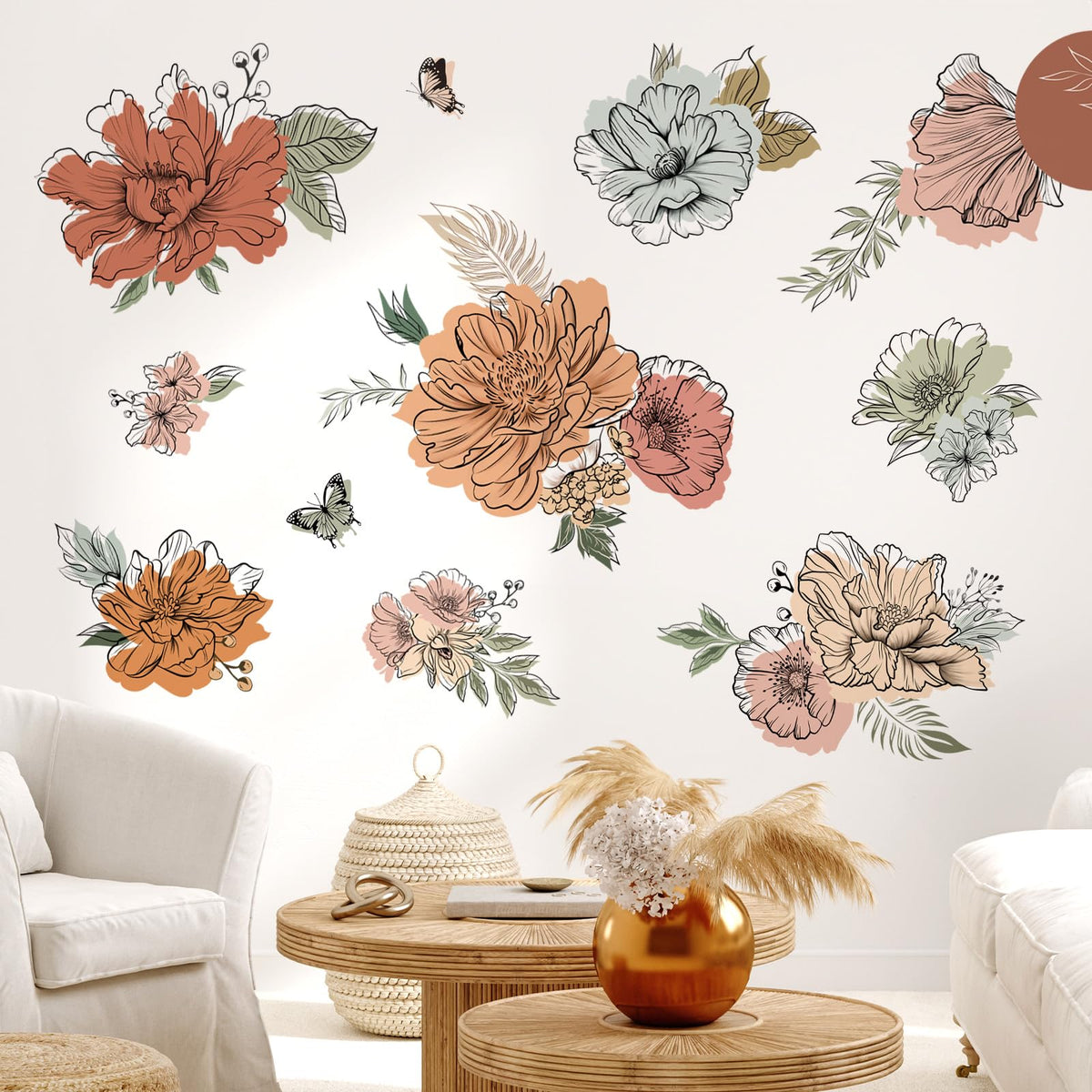 Decalmile Boho Vintage Large Flower Wall Decals Bohemian Retro Floral ...