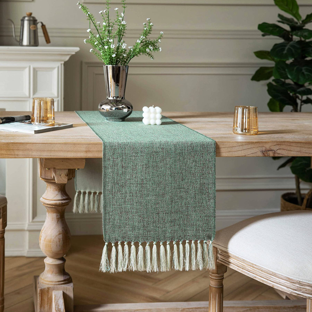 Zeemart Green Table Runners 90 Inches Long, Burlap Linen Style Rustic ...