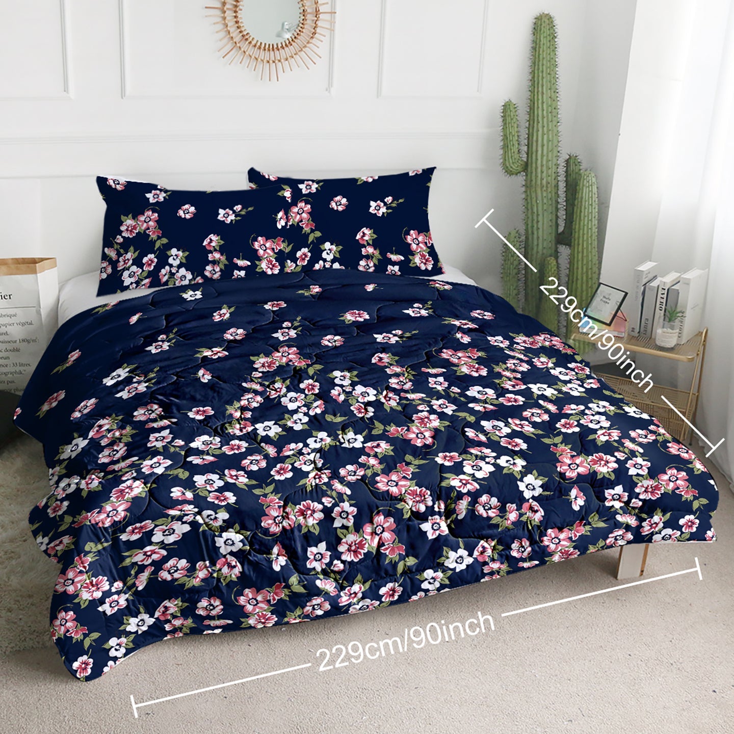 3pc Dark Blue Floral Bedding Comforter Set Including 1 Comforter Set And 2 Pillowcases Suitable For All Seasons