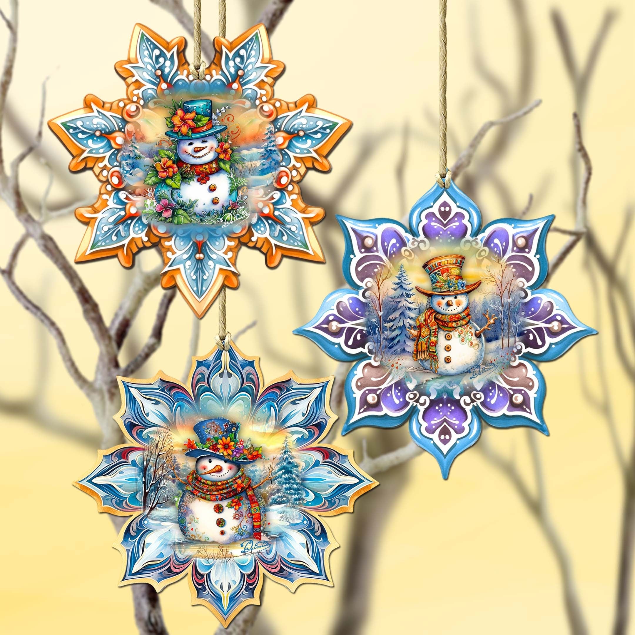 Happy Snowman Snowflake Eco Wood Ornaments Set of 3 by G. Debrekht - Christmas Decor - 8090149-S3
