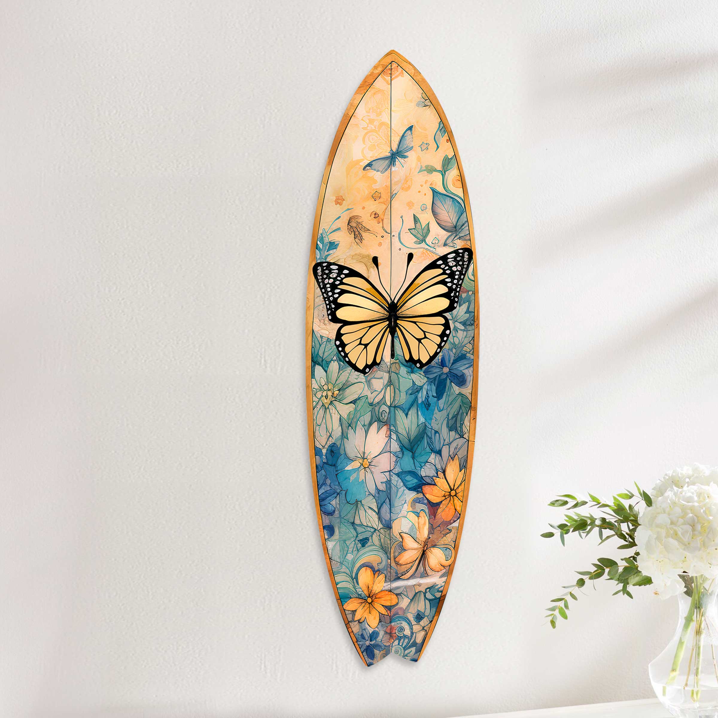 Yellow Monarch Butterfly Surfboard Coastal Wall Art by G. DeBrekht - Coastal Holiday Decor - 8490109HS