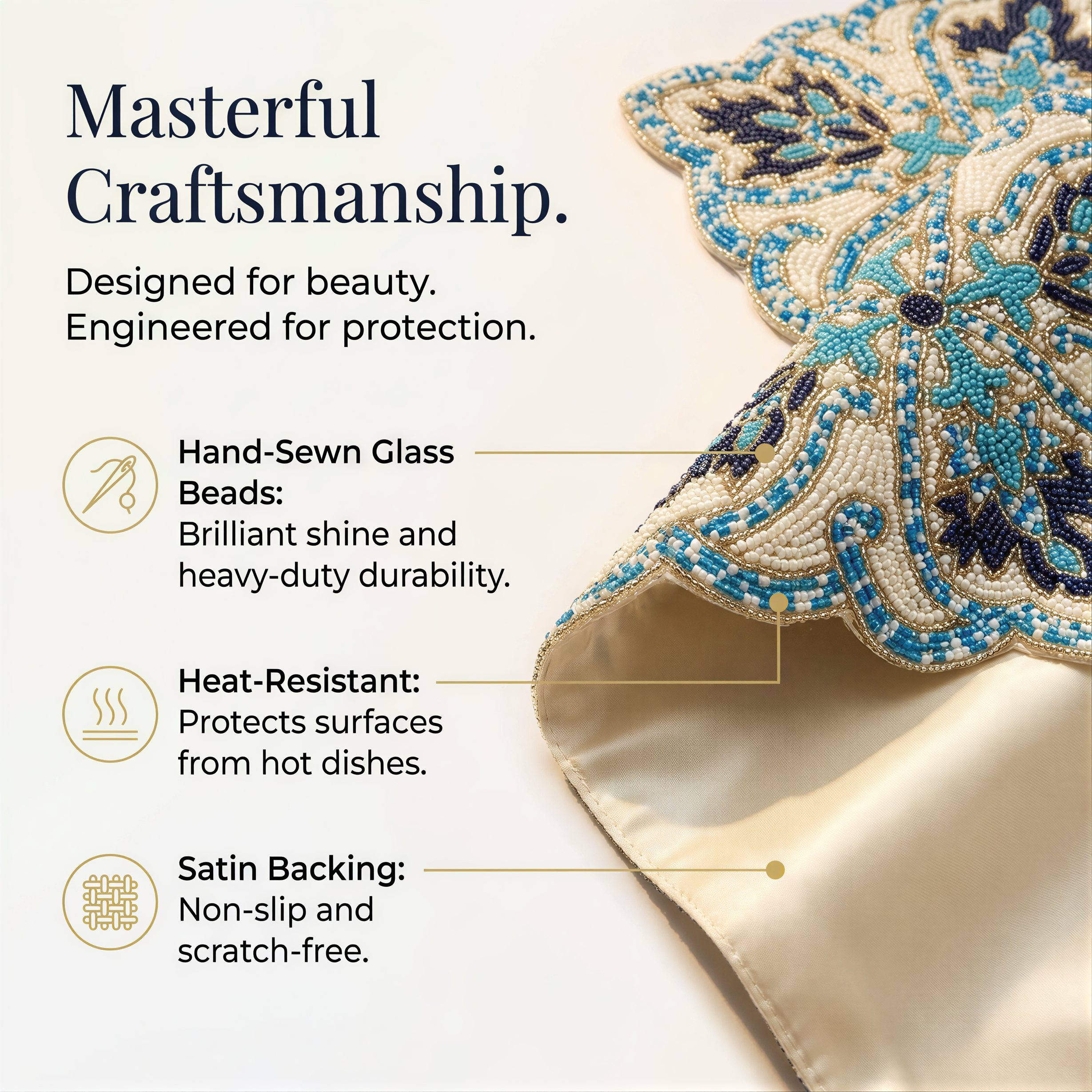 Beaded Table Runner - Blue White Satin Fabric Runner with Glass Bead Decoration, 54" x 13"