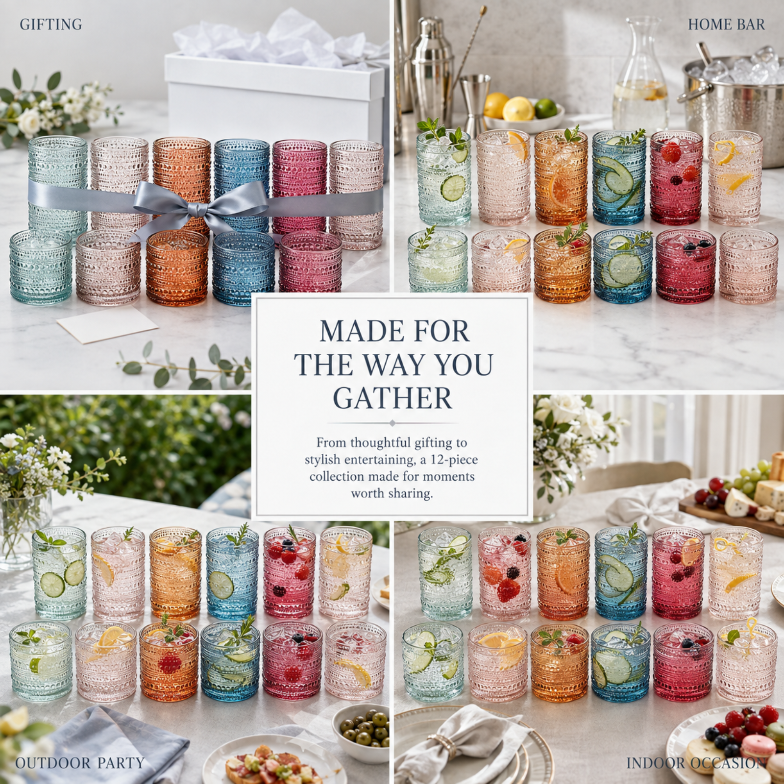Tonal Hobnail Highball & Lowball Glassware, Set of 12
