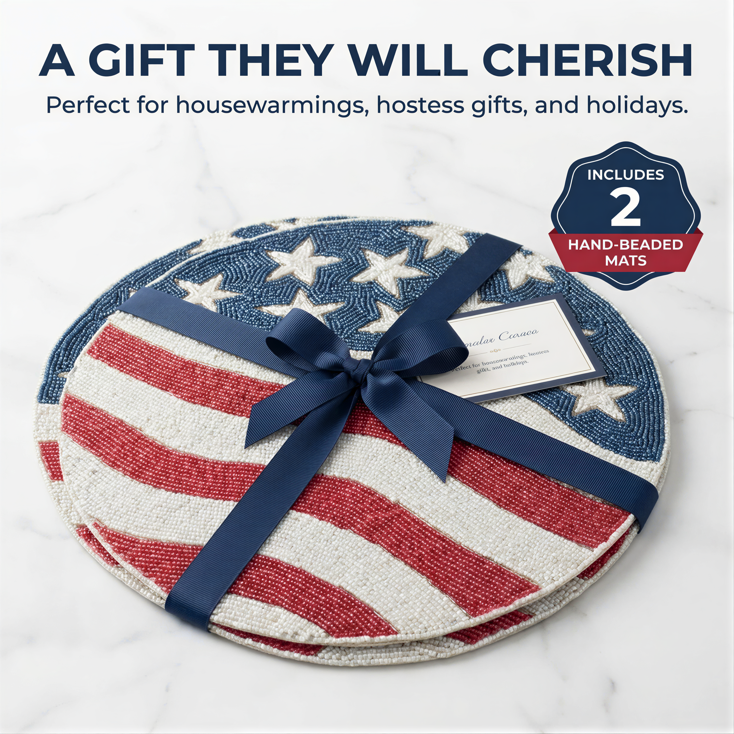 USA Flag Placemats - Round Beaded Handmade Table Mats With Satin Backing