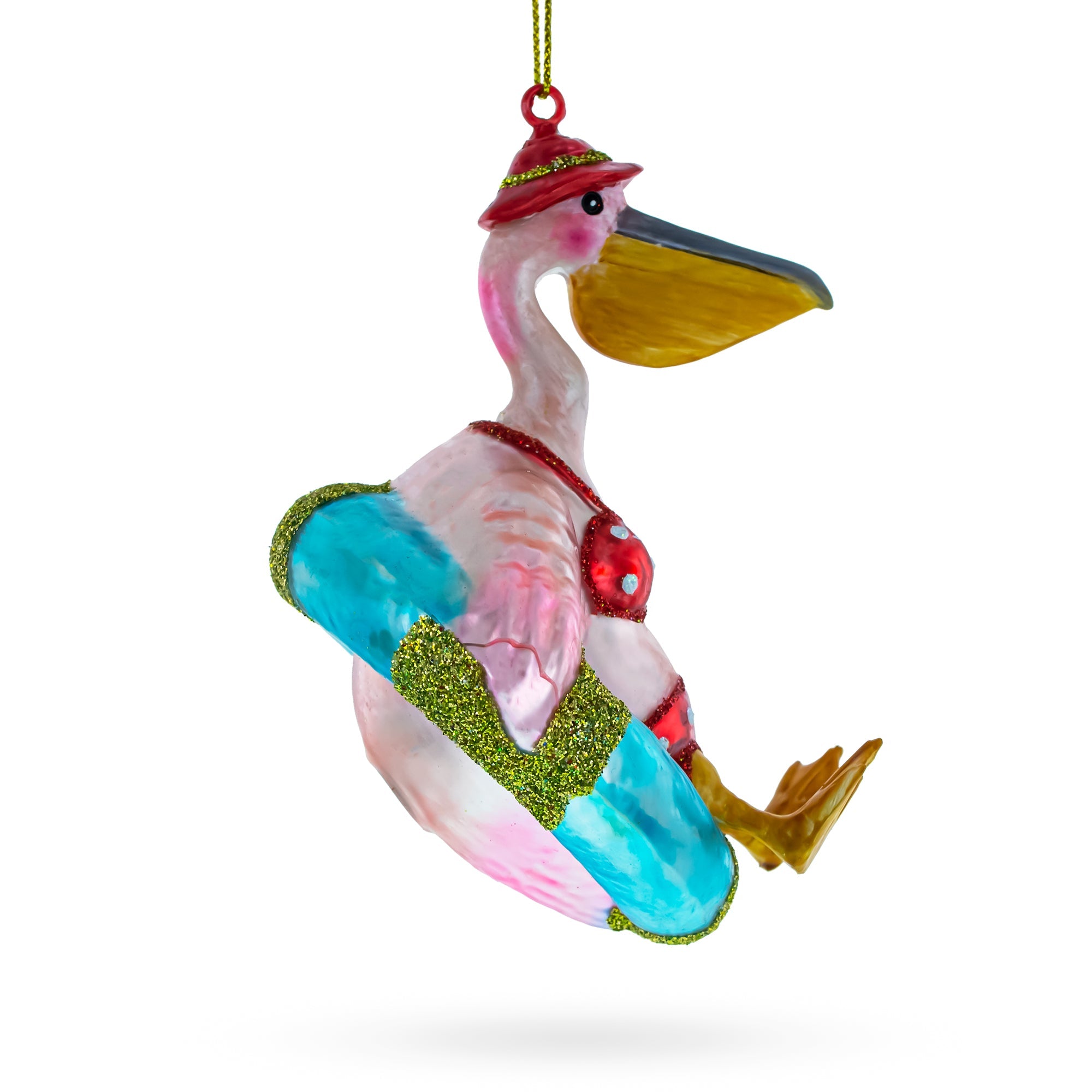 Pelican on Inflatable Ring Glass Christmas Ornament