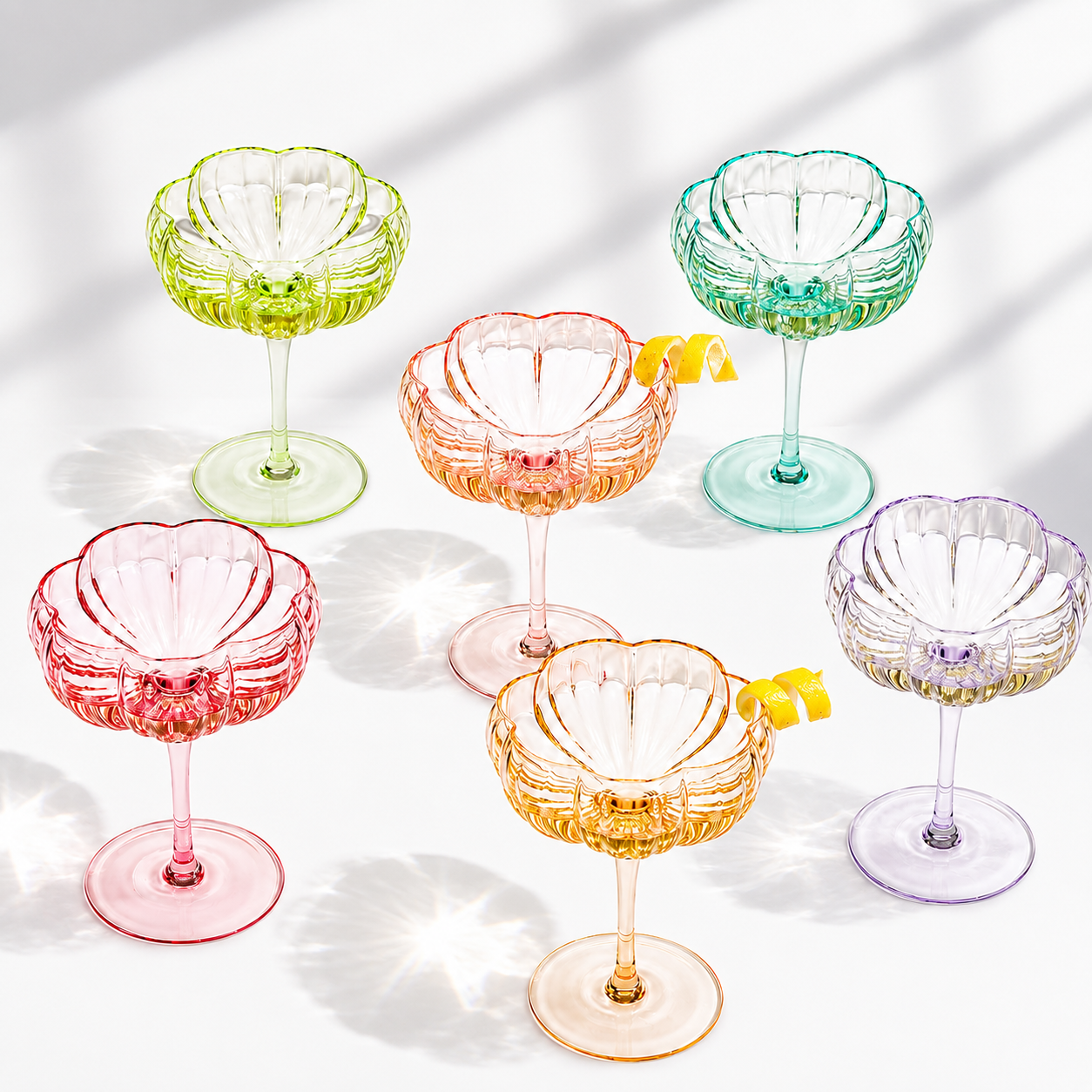 Flower Coupe Cocktail Glasses | Set of 6 | Bright Colors