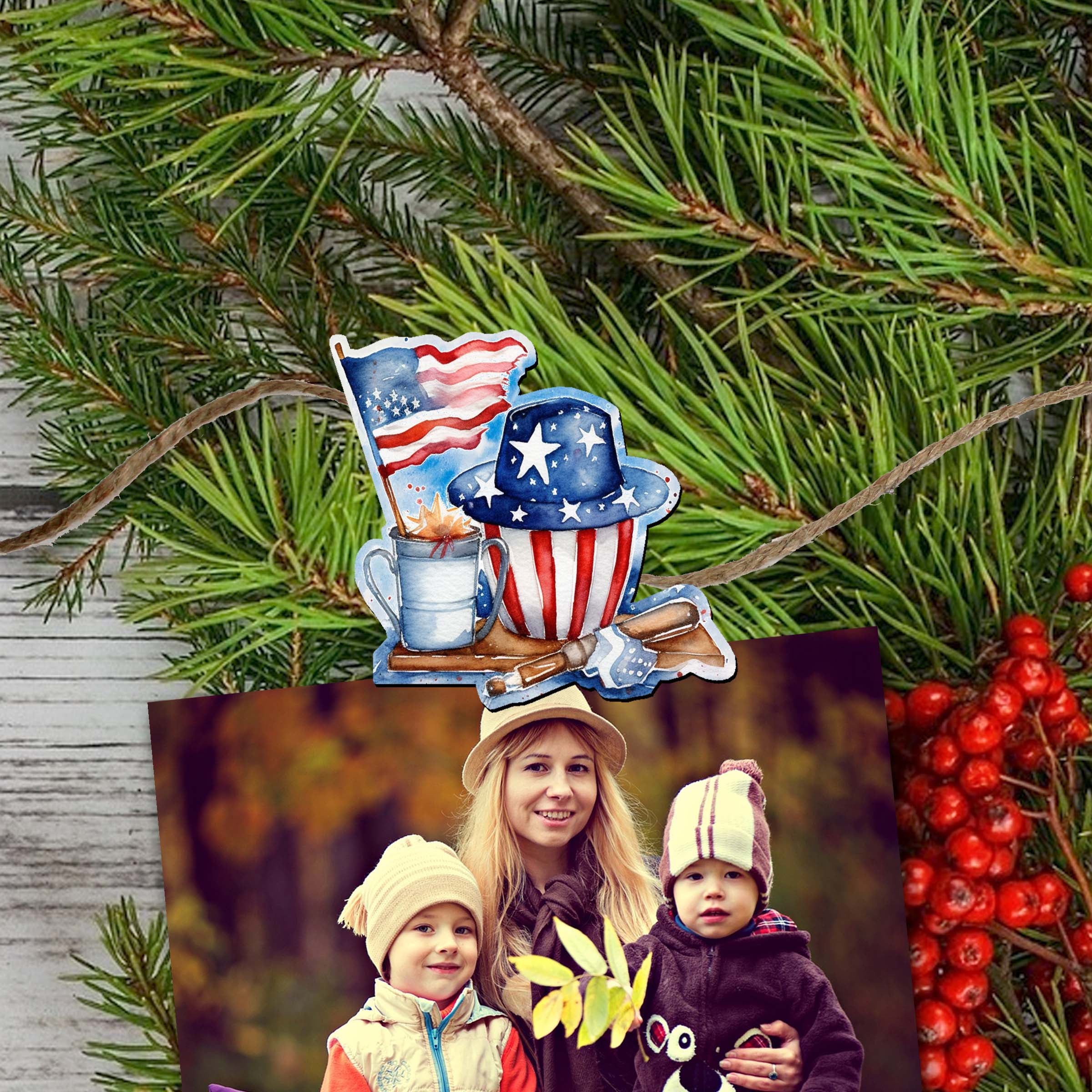 American Farmhouse Clip-On Eco Wood Decorative Ornaments Set of 6 by G. Debrekht - Patriotic Decor - 8090001C-S6