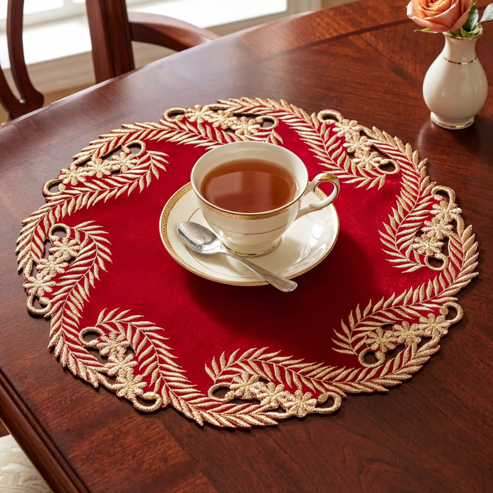 Burgundy Gold Doilies – Rustic Table Doilies | Embroidered Polyester Table Decor 15 Inch