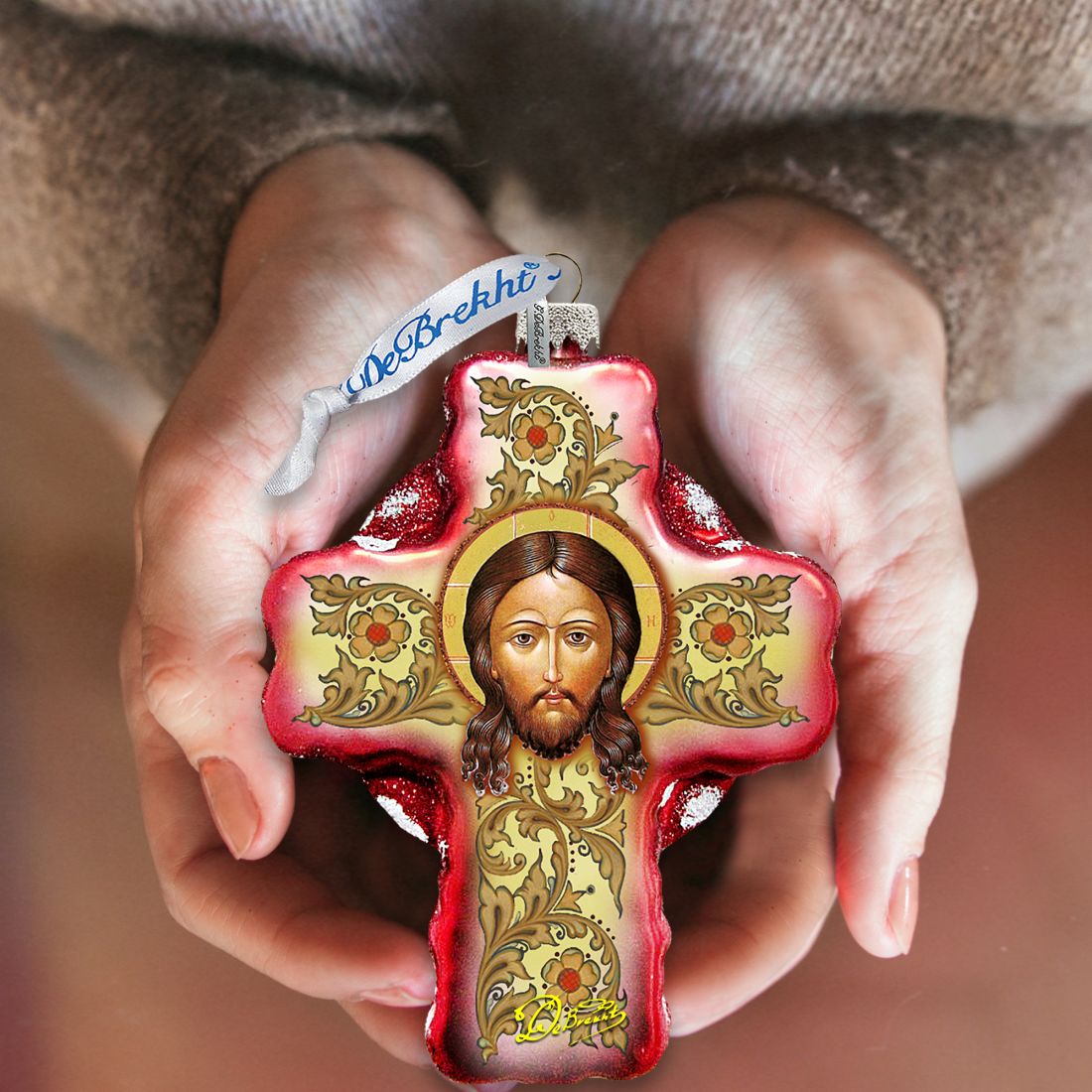 Jesus Face Cross Glass Ornament by G. DeBrekht - Nativity Holiday Decor - 758-006