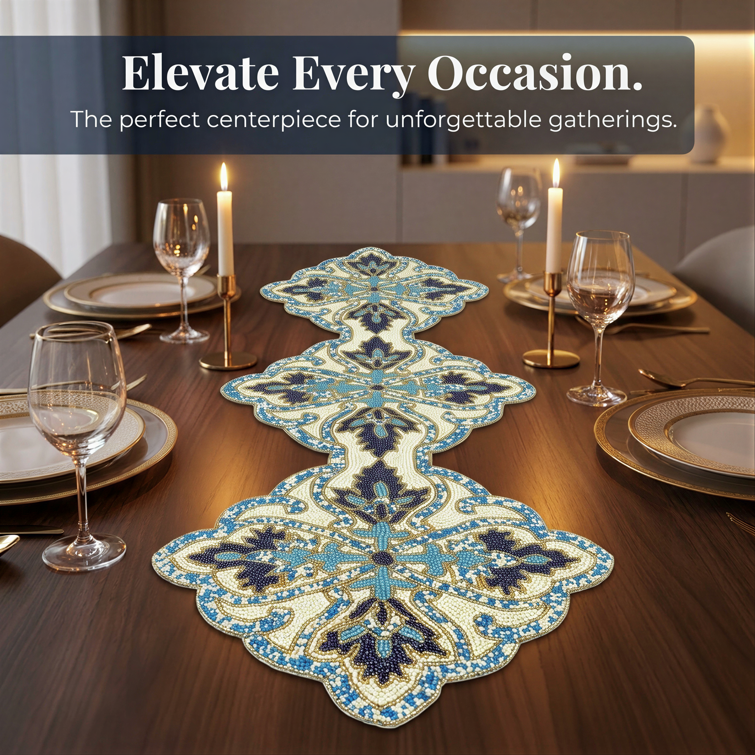Beaded Table Runner - Blue White 36" x 13" | Embroidered Satin Fabric Backing