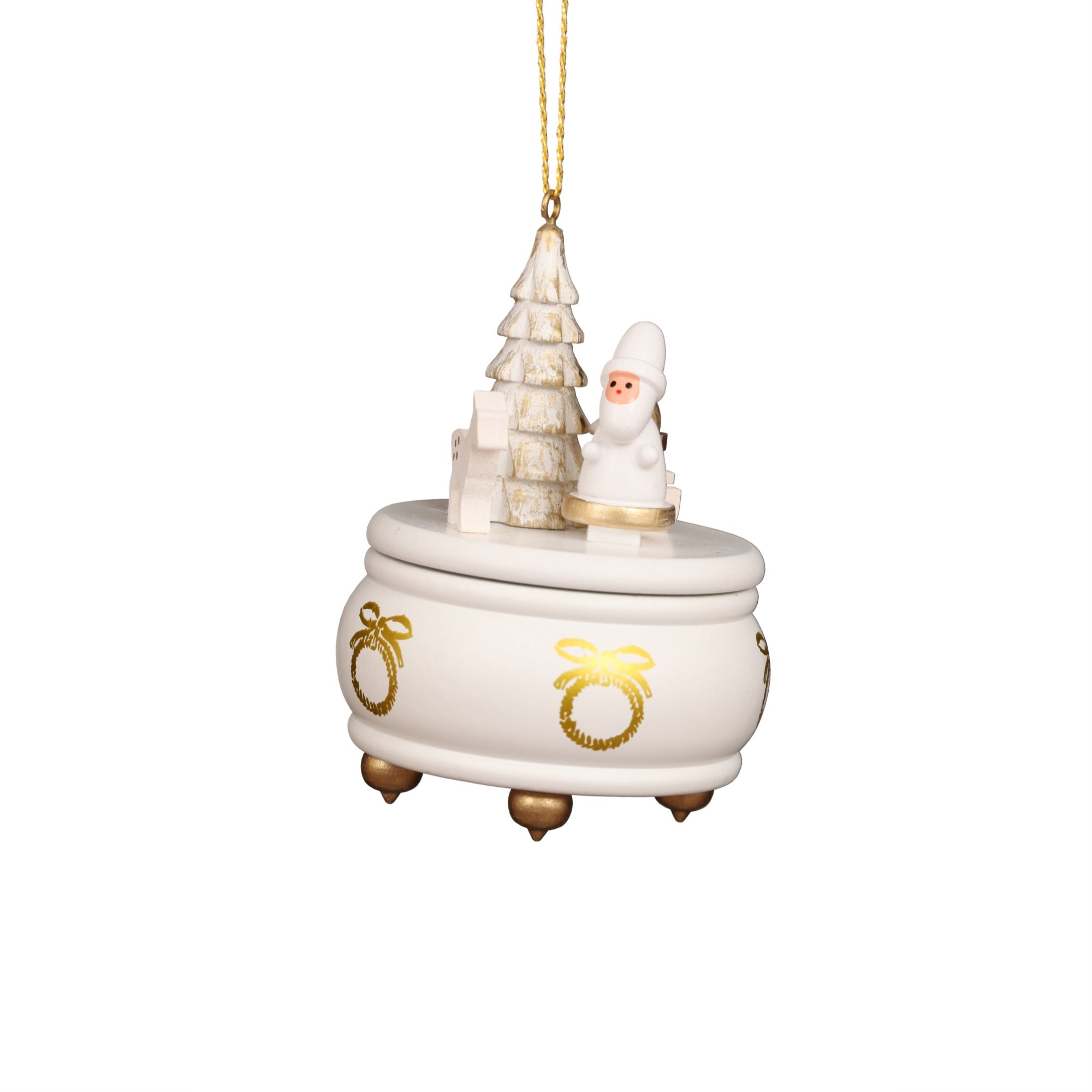 10-0921 - Christian Ulbricht Ornament - White Music Box With Santa - 3H x 2.5W x 2.5D