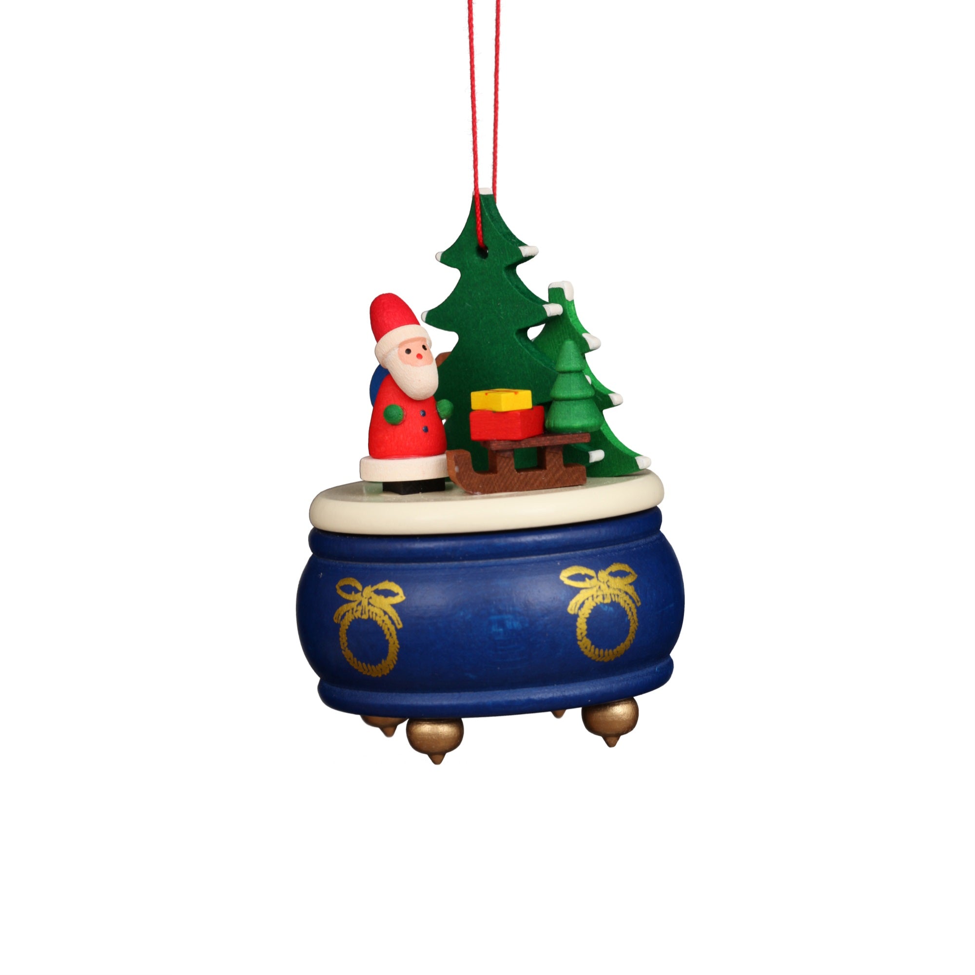 10-0925 - Christian Ulbricht Ornament - Blue Music Box With Santa - 3H x 2.5W x 2.5D