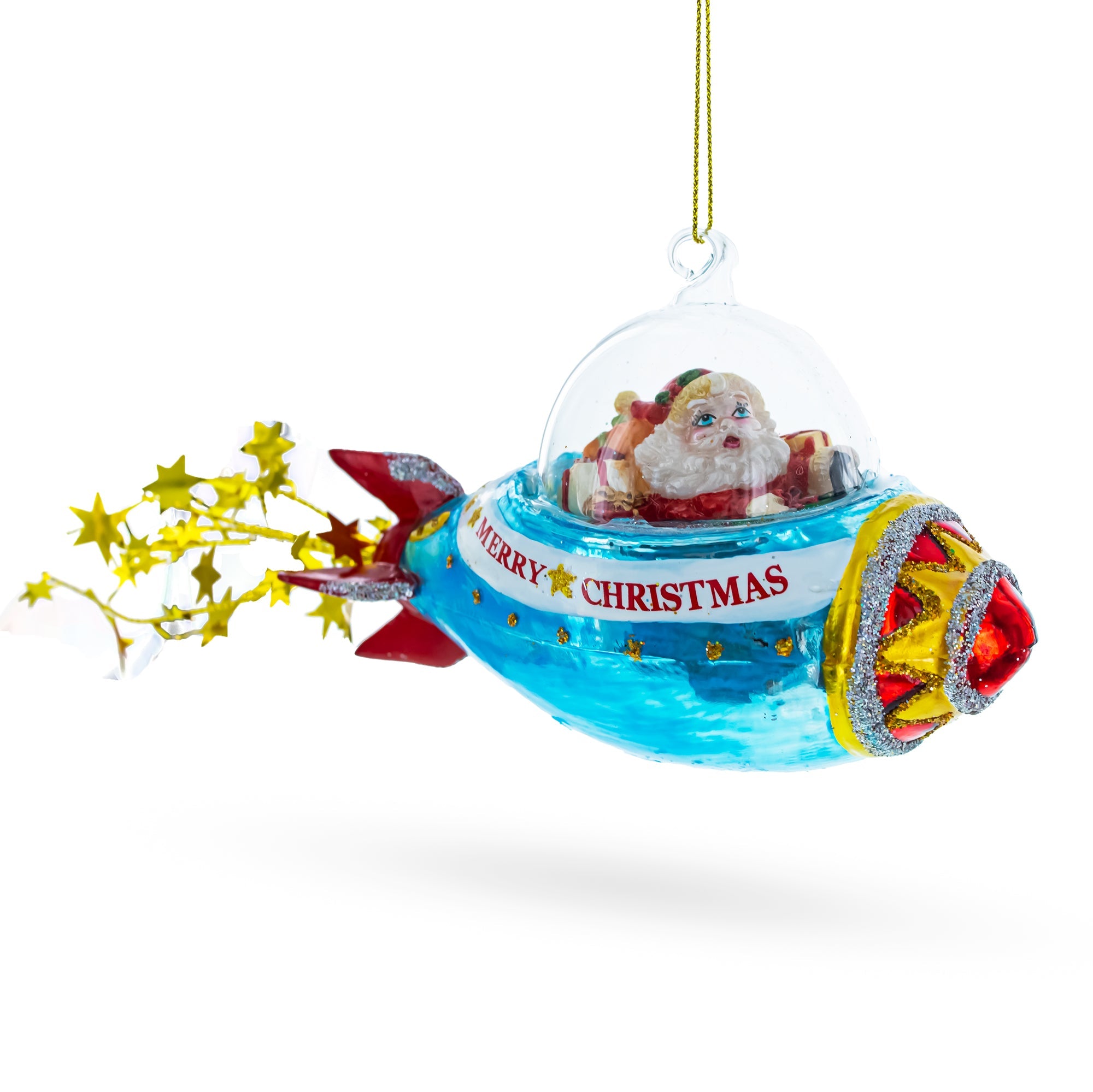 Cosmic Santa Riding Spaceship Glass Christmas Ornament