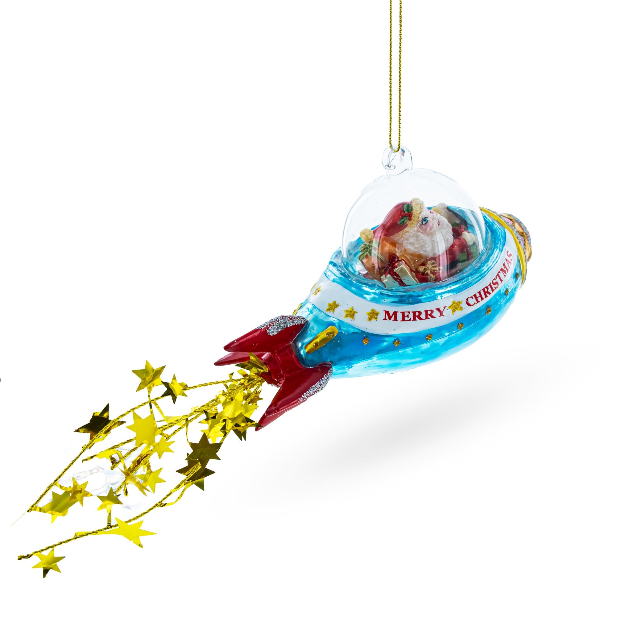 Cosmic Santa Riding Spaceship Glass Christmas Ornament