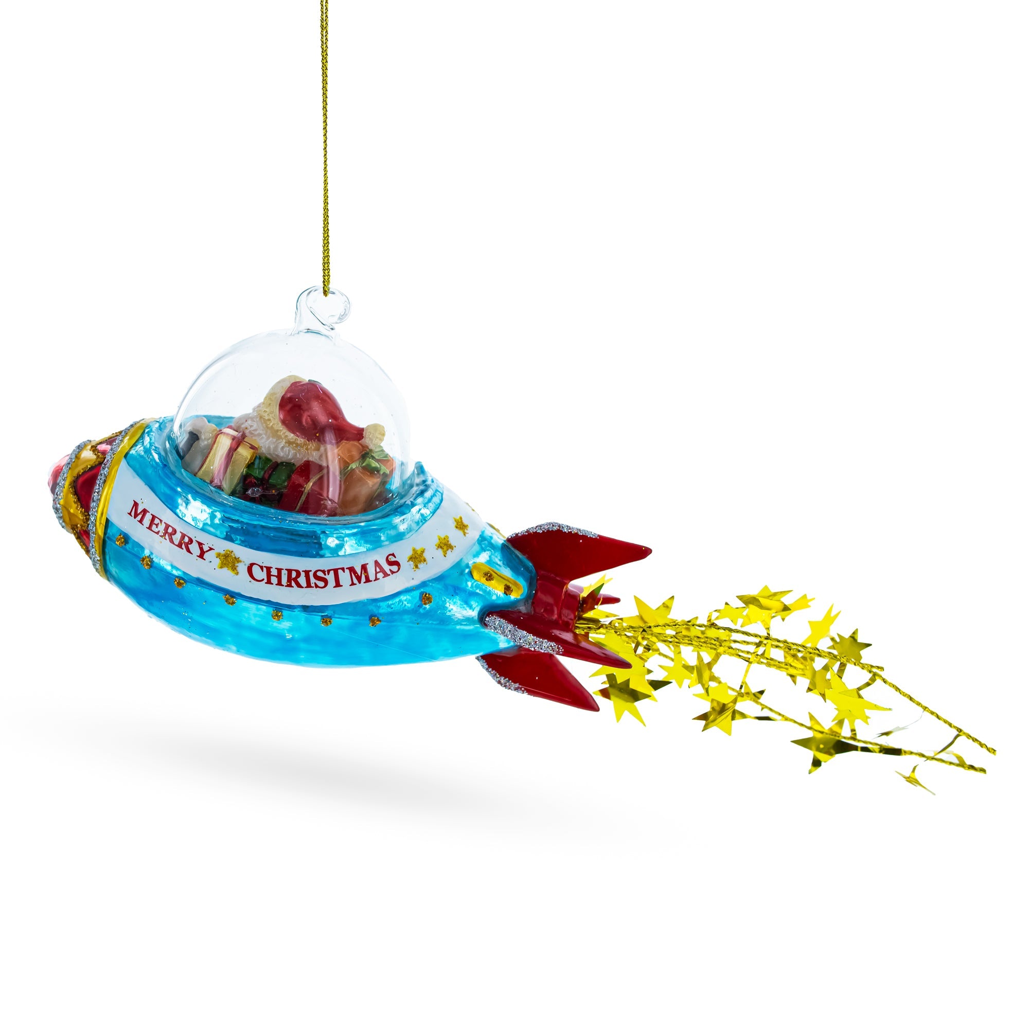 Cosmic Santa Riding Spaceship Glass Christmas Ornament