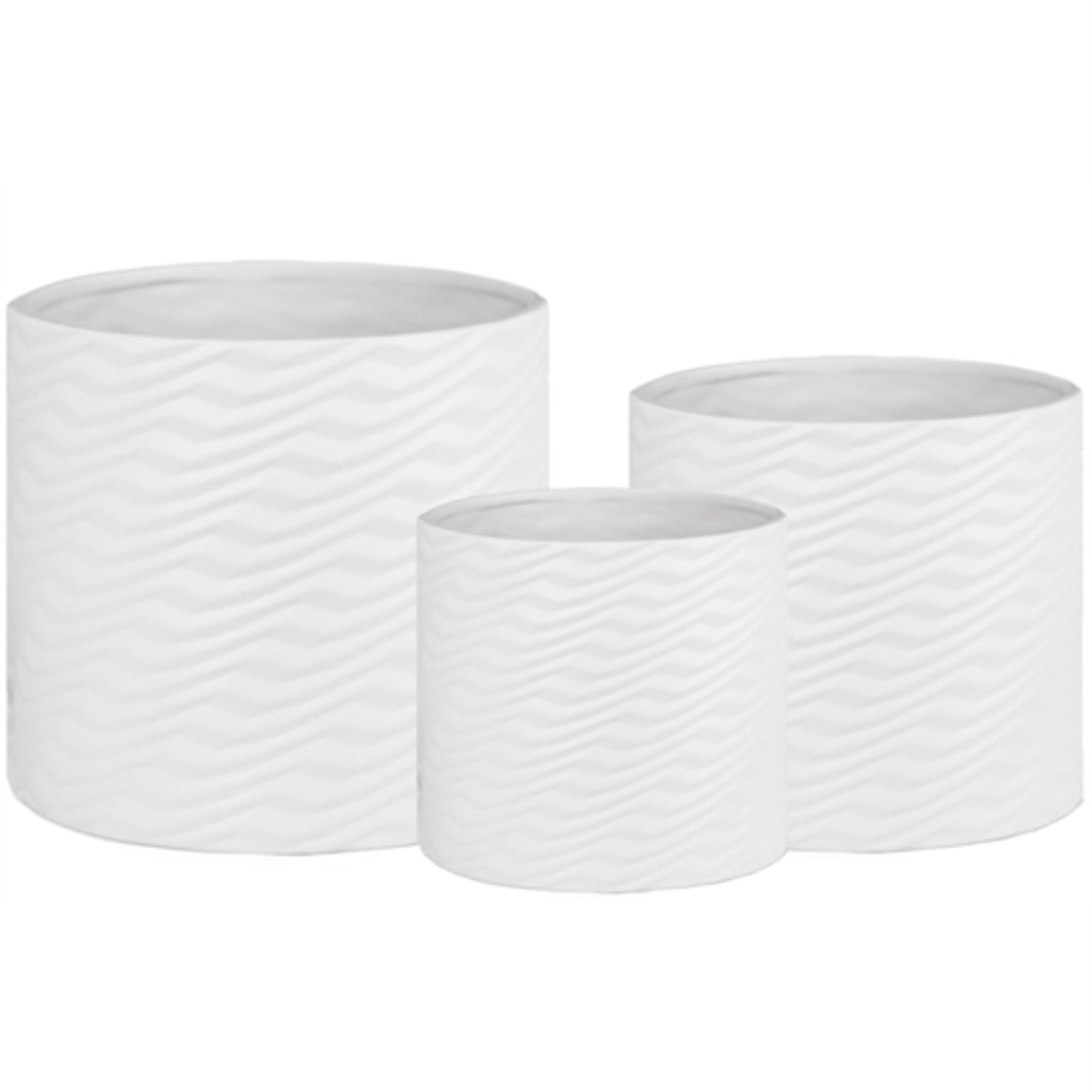 Ceramic Round Pot With Embossed Vector Pattern Design Body Set Of Three Matte Finish White