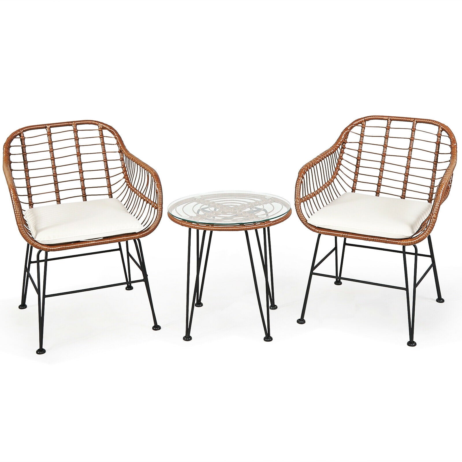 3-Piece Rattan Bistro Set with Cushions and Glass Table