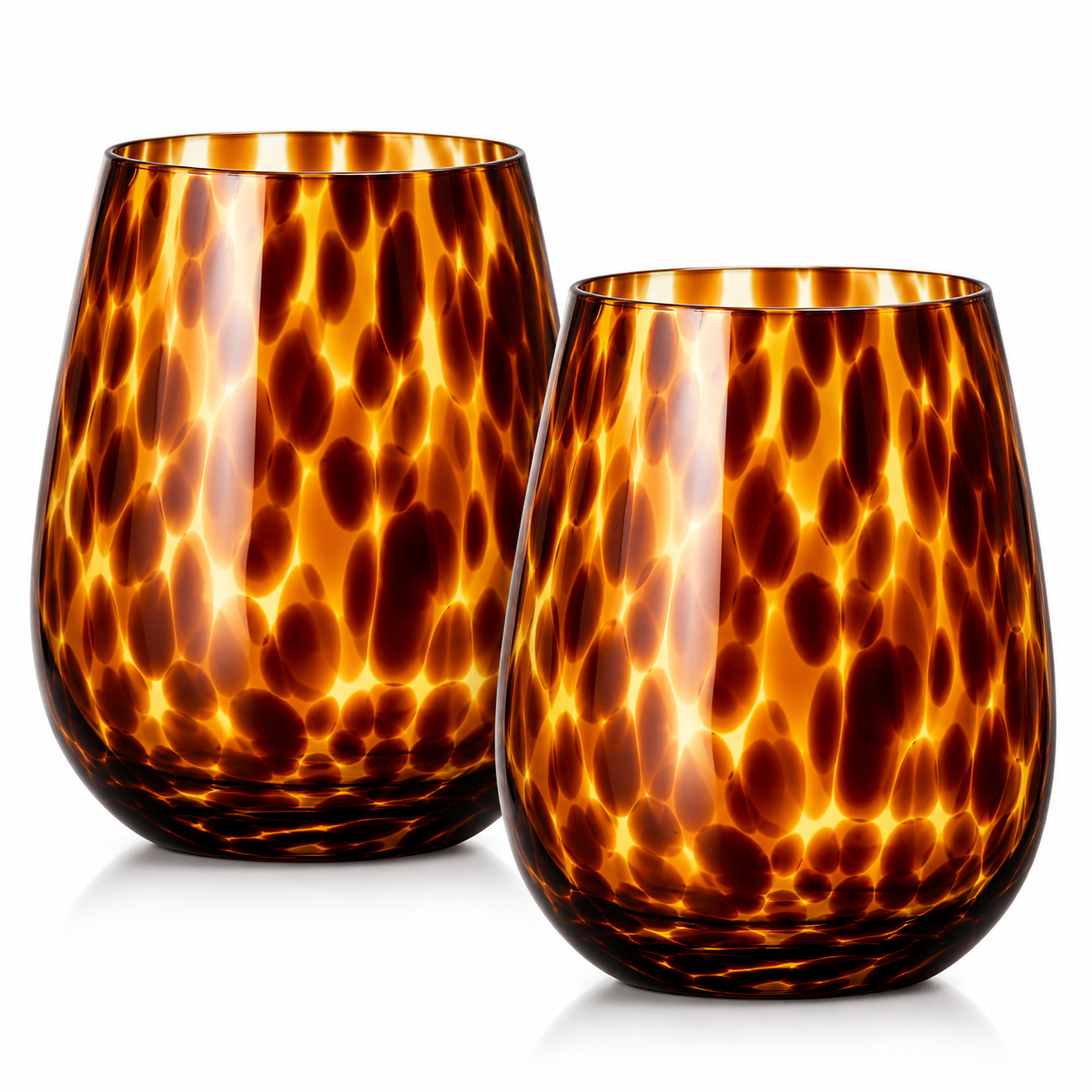Leopard Print Amber Colored Stemless Wine Glass |  Set of 2