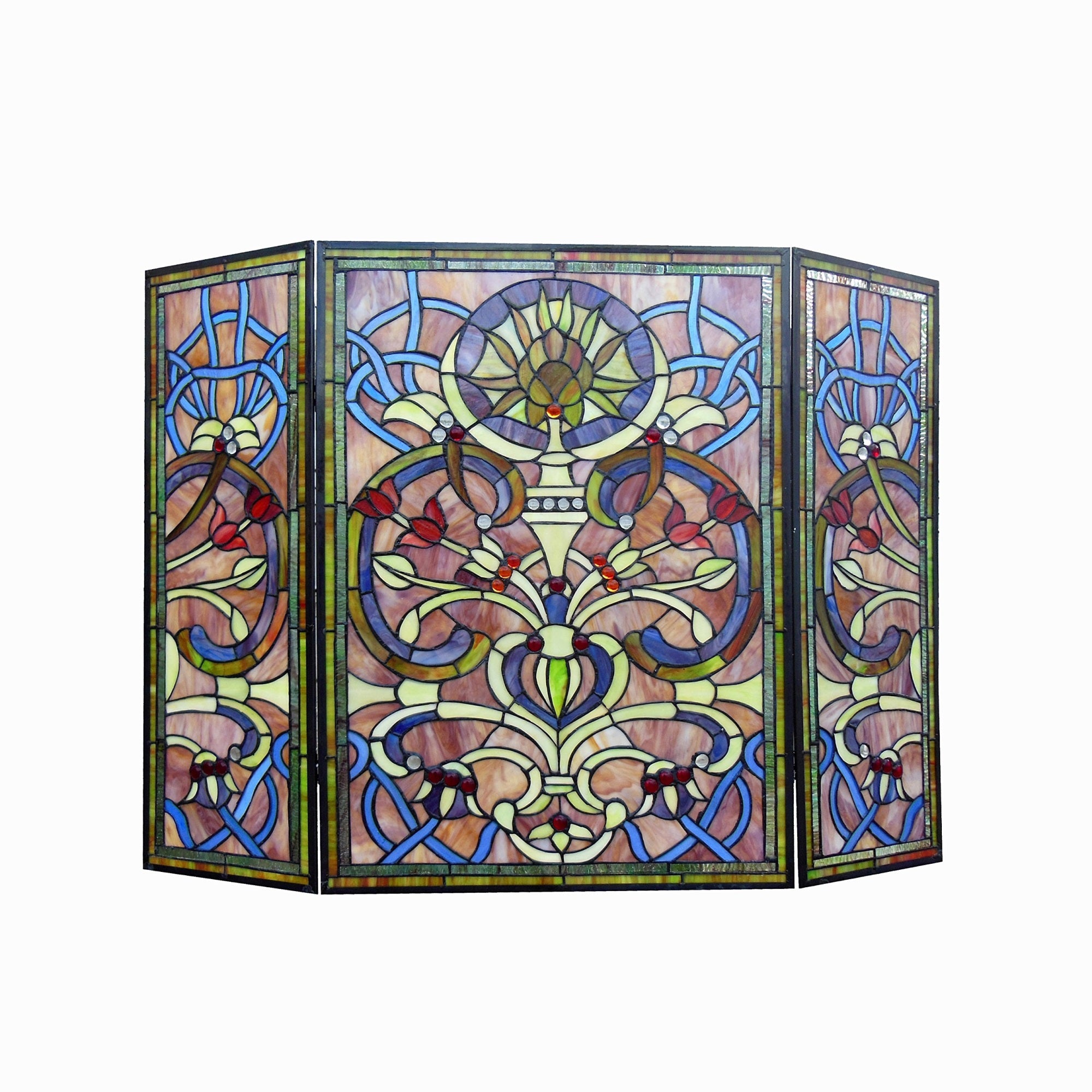 Chloe Lighting Tiffany-Glass Victorian 3Pcs Folding 40'' Wide Bardot Fireplace Screen, Black