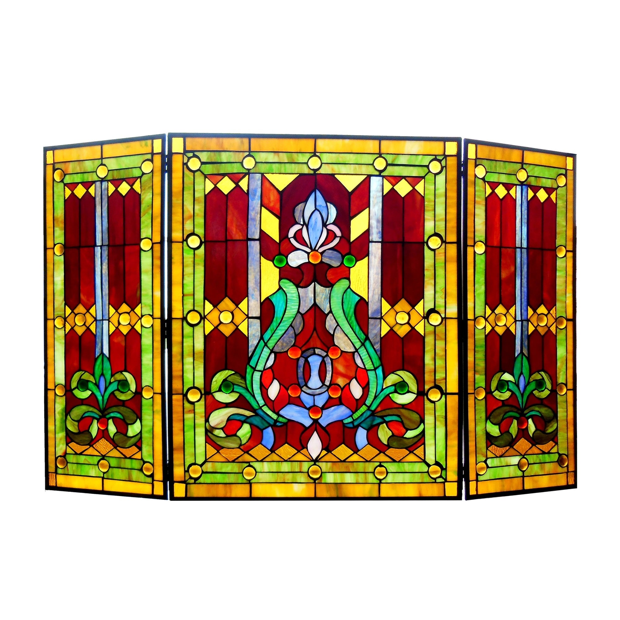 Chloe Lighting 3Pcs Folding Victorian 44'' Wide Tiffany-Glass Fireplace Screen, Red