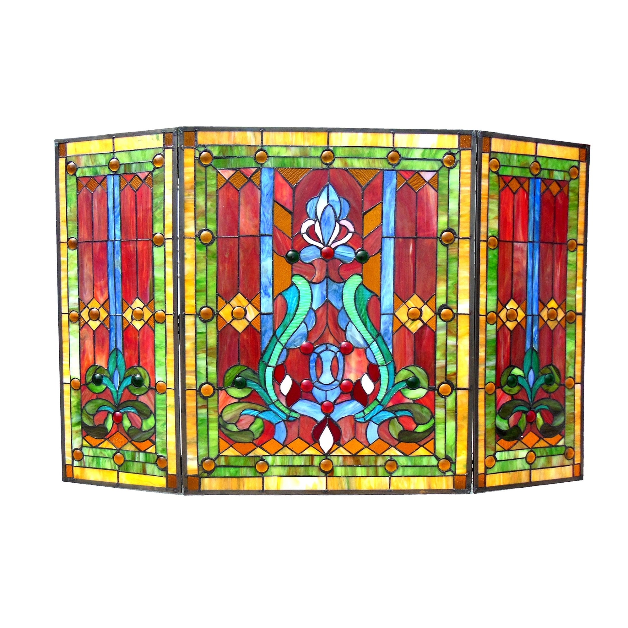 Chloe Lighting 3Pcs Folding Victorian 44'' Wide Tiffany-Glass Fireplace Screen, Red