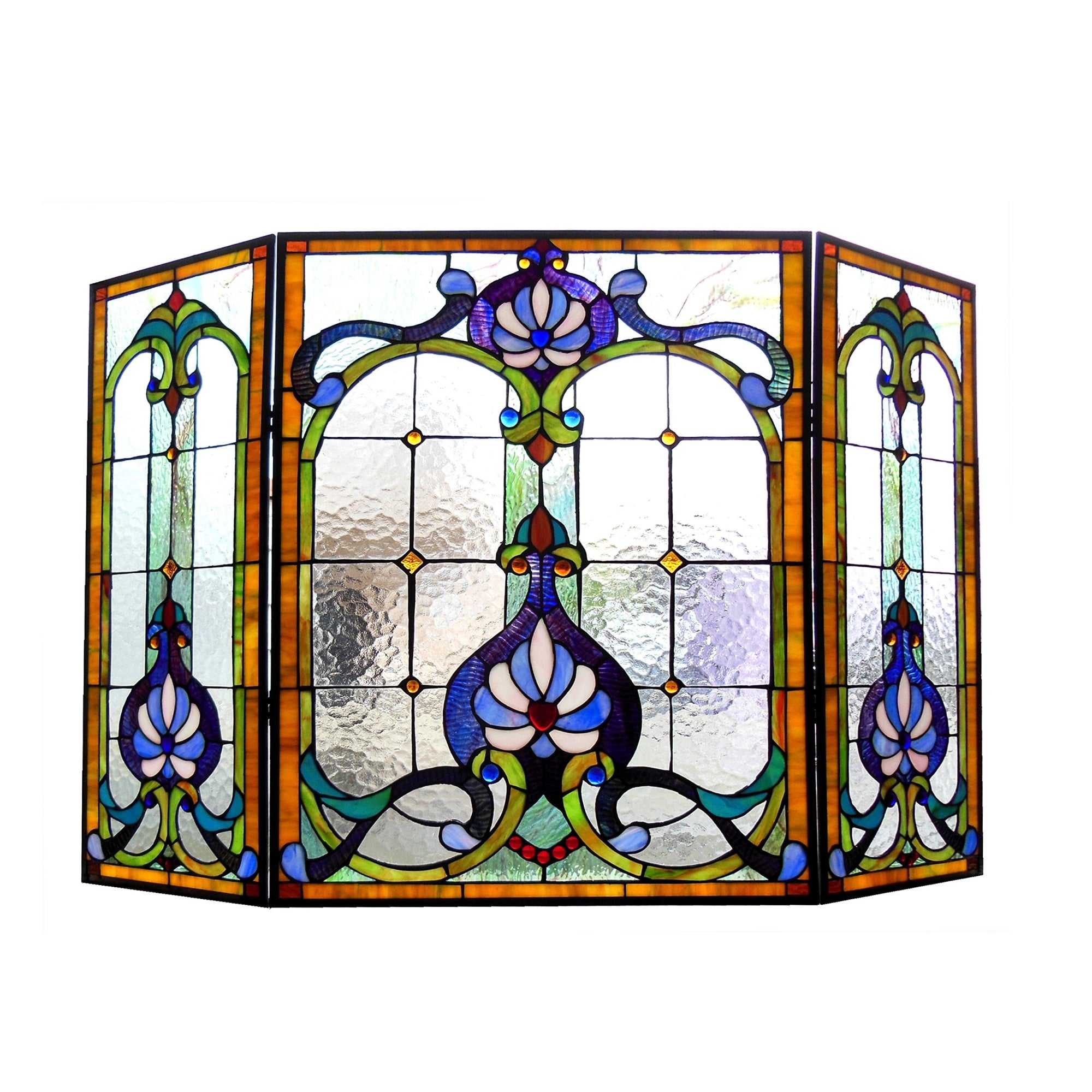 Chloe Lighting 3Pcs Folding Victorian 44'' Wide Tiffany-Glass Fireplace Screen