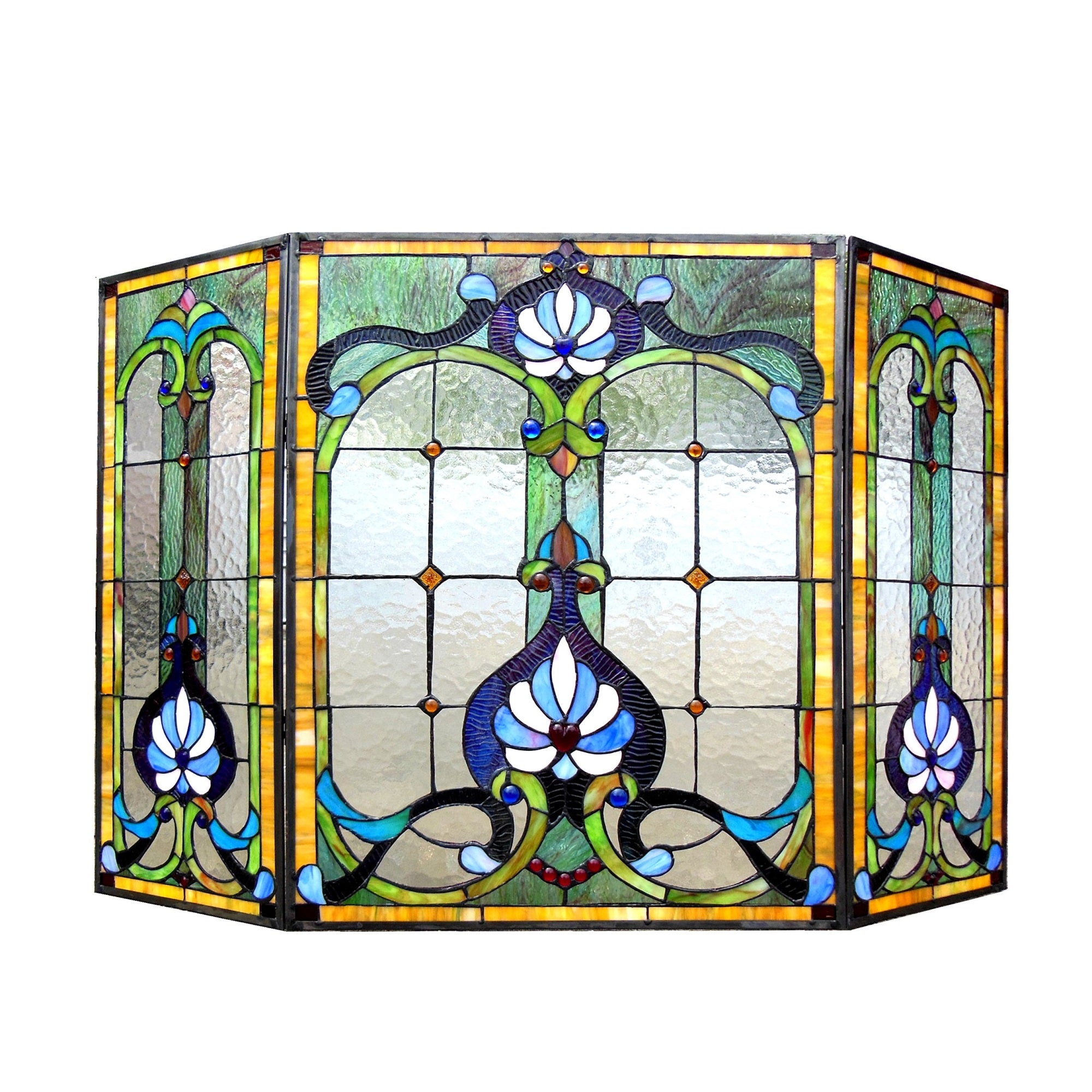 Chloe Lighting 3Pcs Folding Victorian 44'' Wide Tiffany-Glass Fireplace Screen