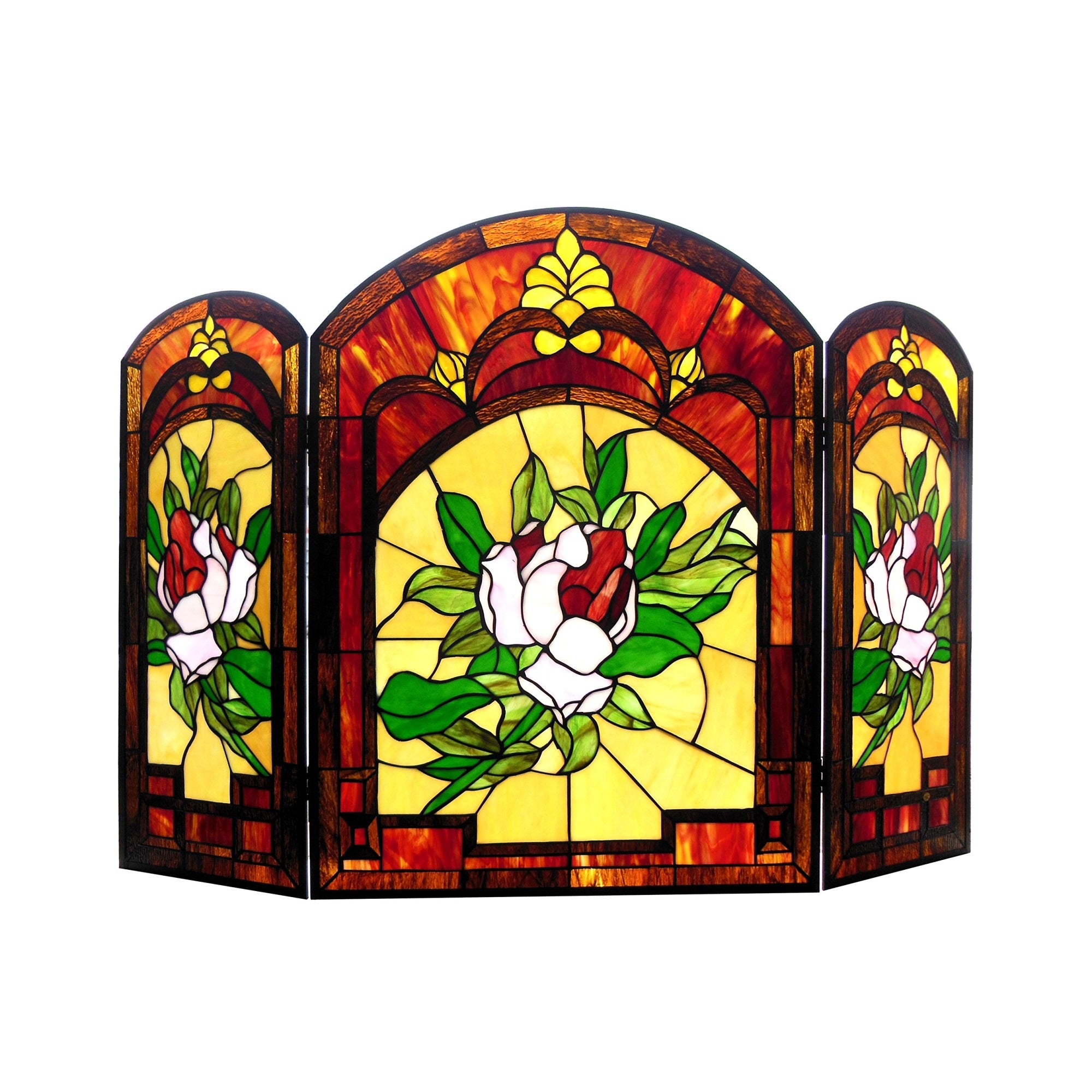 Chloe Lighting Floral Design 3Pcs Folding 42'' Wide Iggy Tiffany-Glass Fireplace Screen, One Size