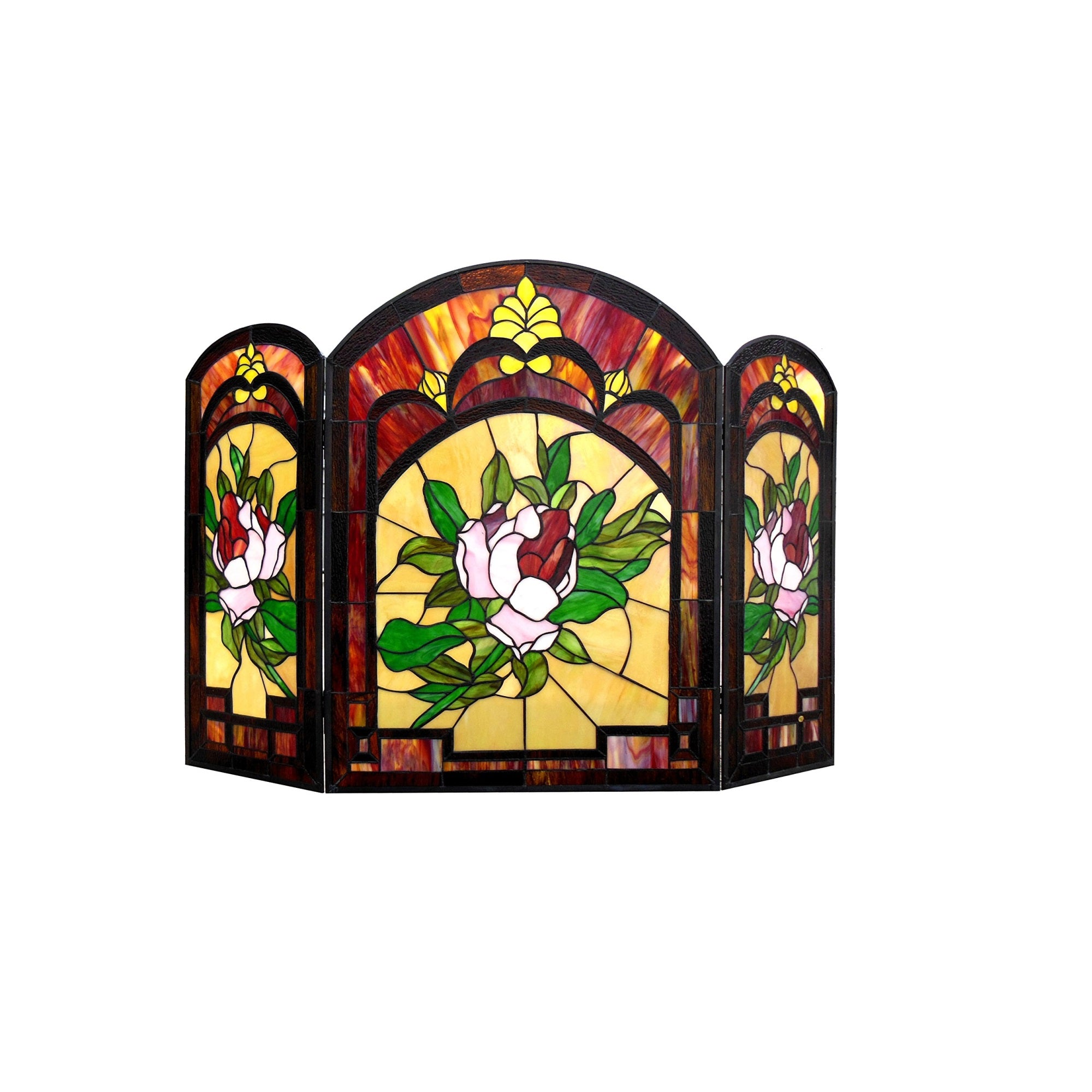 Chloe Lighting Floral Design 3Pcs Folding 42'' Wide Iggy Tiffany-Glass Fireplace Screen, One Size