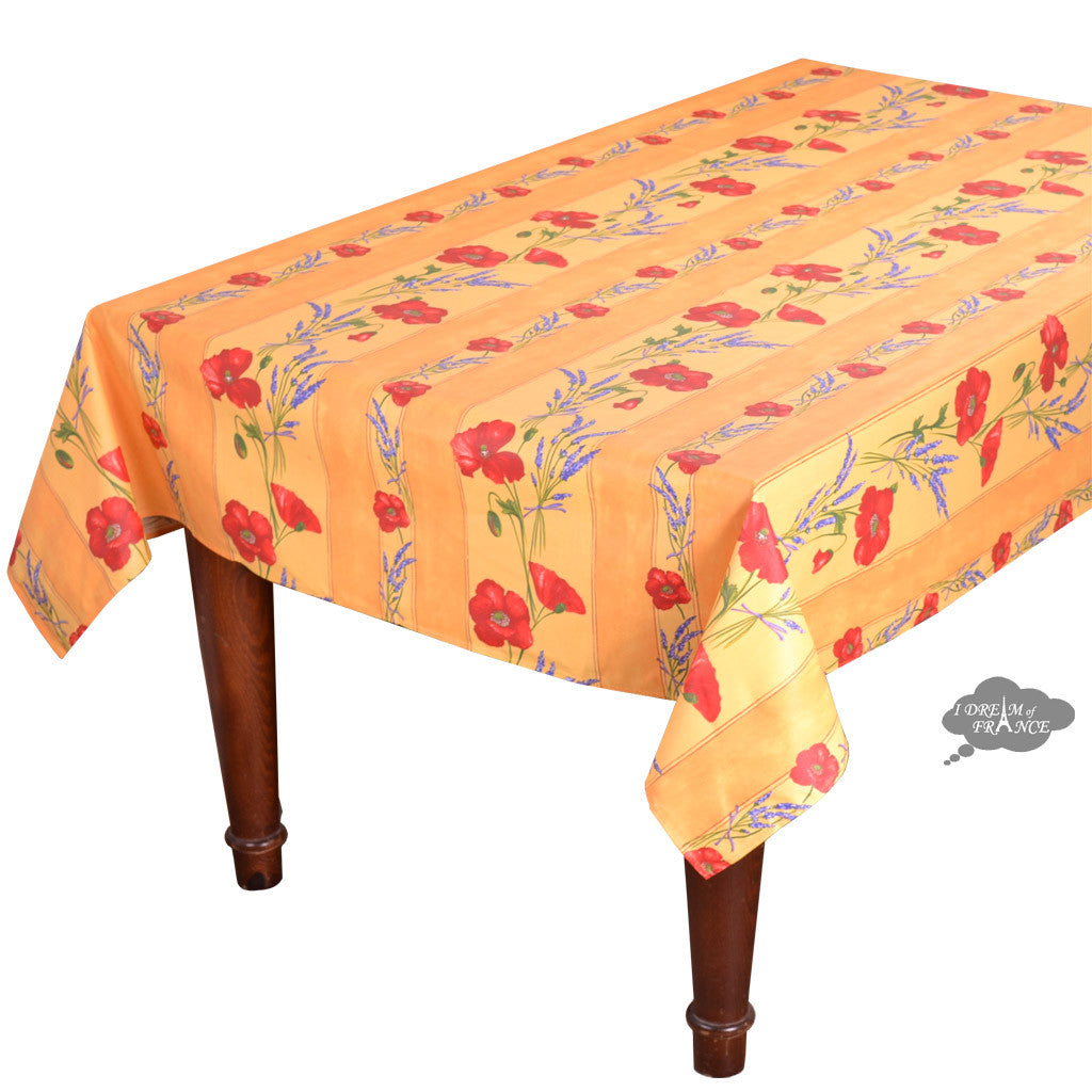 60x78" Rectangular Poppies Yellow Acrylic-Coated Cotton Tablecloth by Tissus Toselli