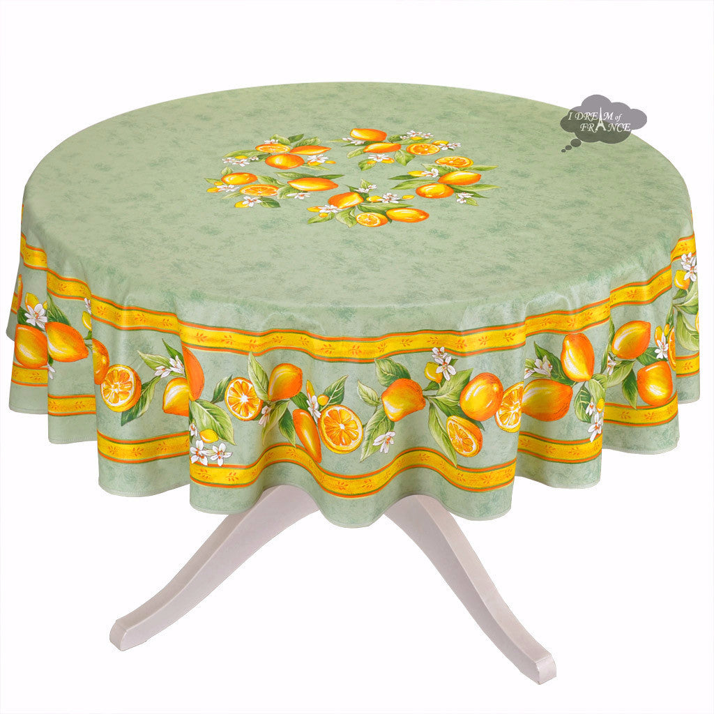 70" Round Lemons Green Tablecloth by Tissus Toselli