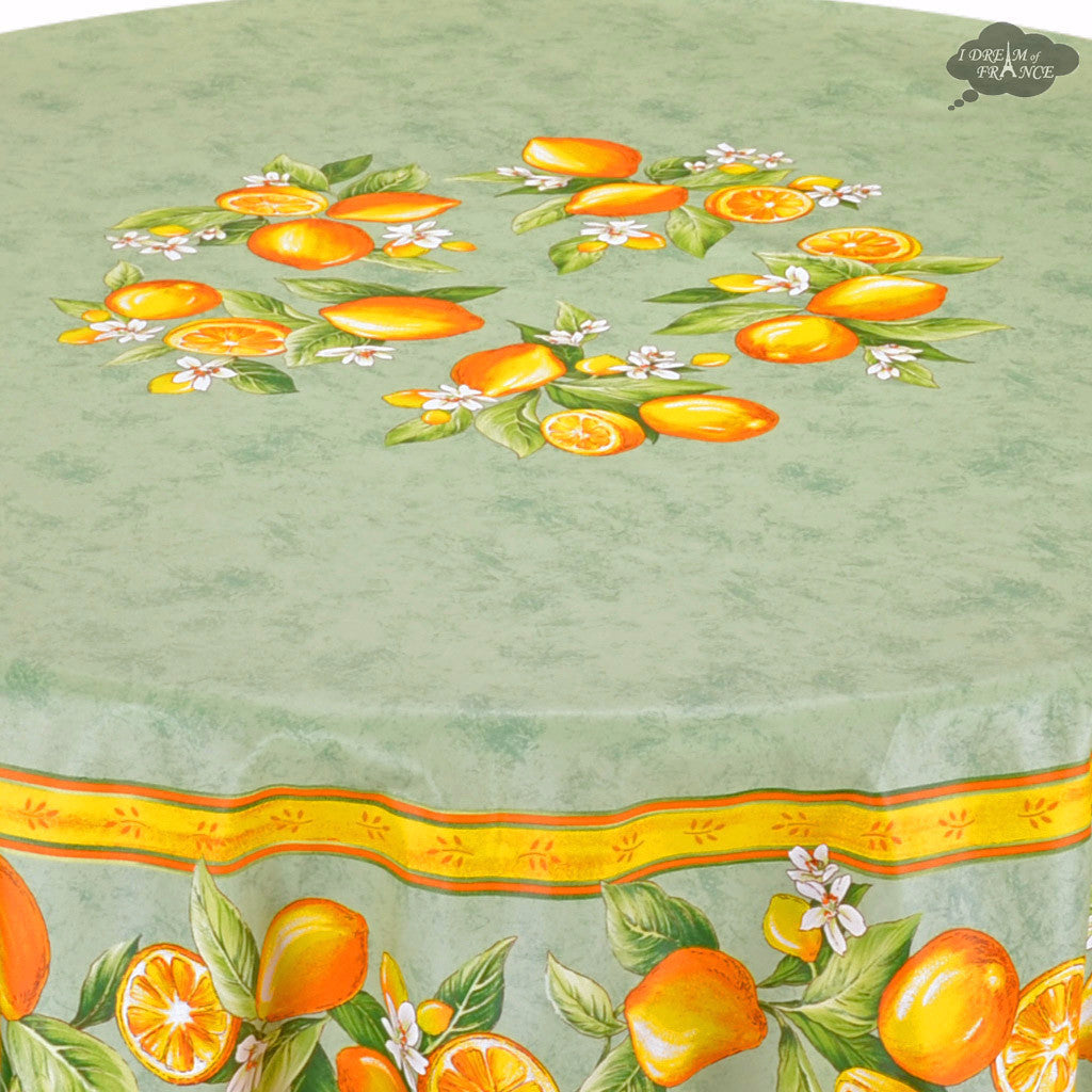 70" Round Lemons Green Tablecloth by Tissus Toselli
