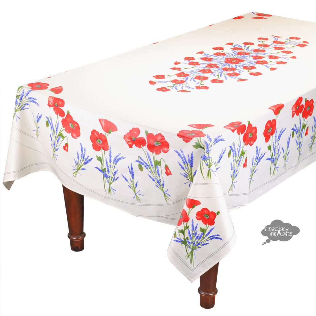 60x96" Rectangular Poppies Cream Acrylic Coated Cotton Tablecloth by Tissus Toselli