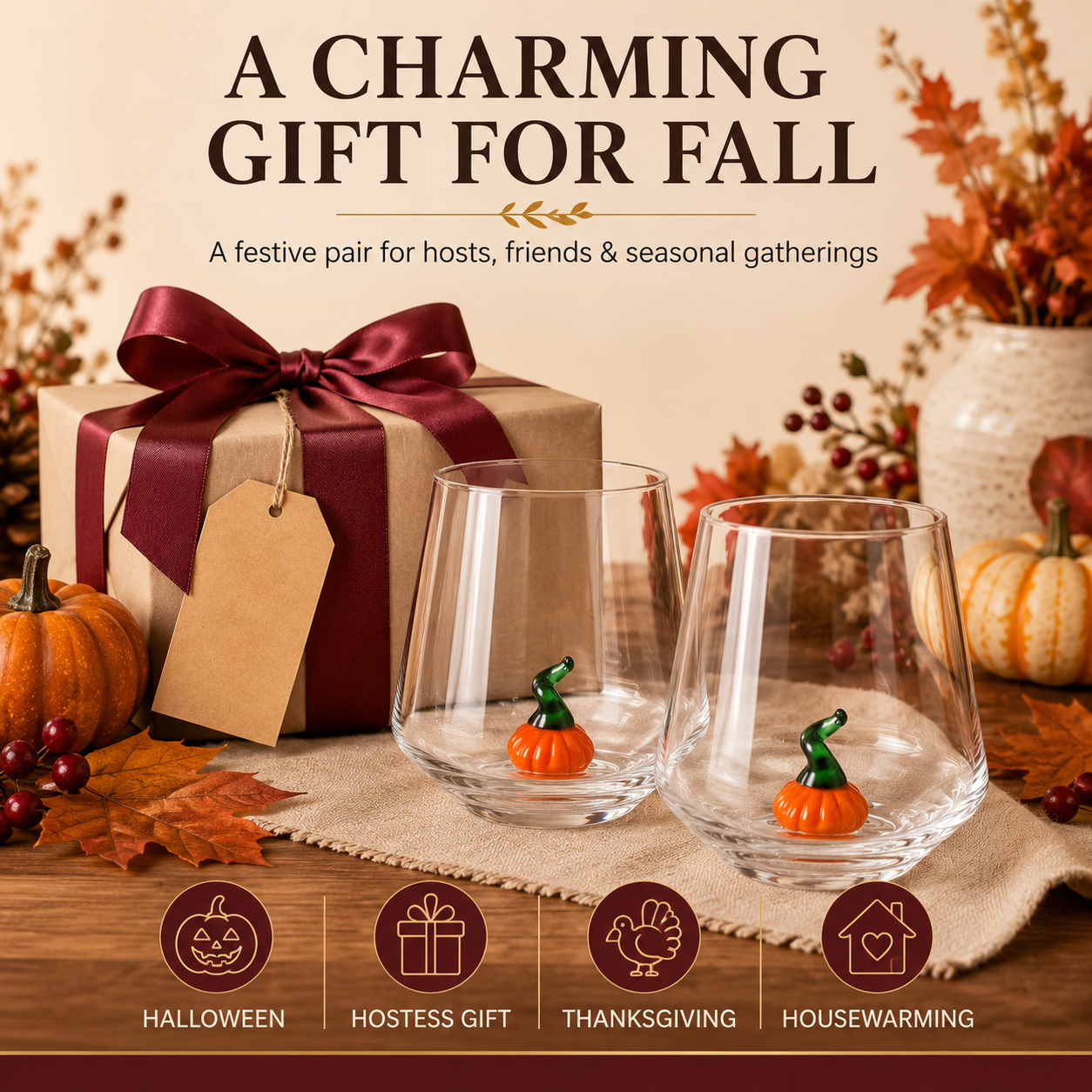 Khen Pumpkin Glass Set Fall Drinkware Decorative - 12oz Clear