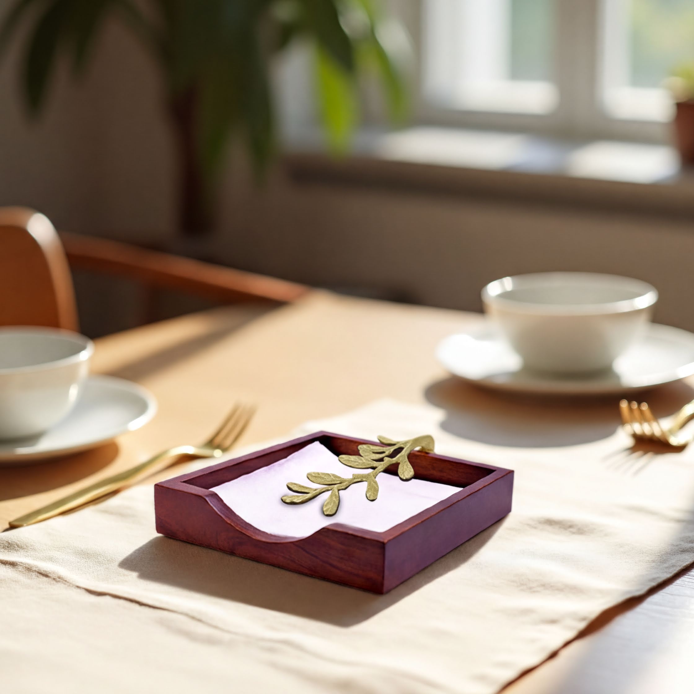 Wooden Napkin Holder – Solid Wood Tabletop Holder with Gold Finish & Weighted Metal Arm