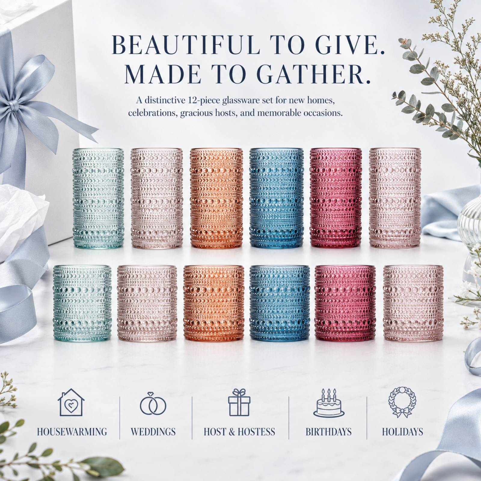 Tonal Hobnail Highball & Lowball Glassware, Set of 12