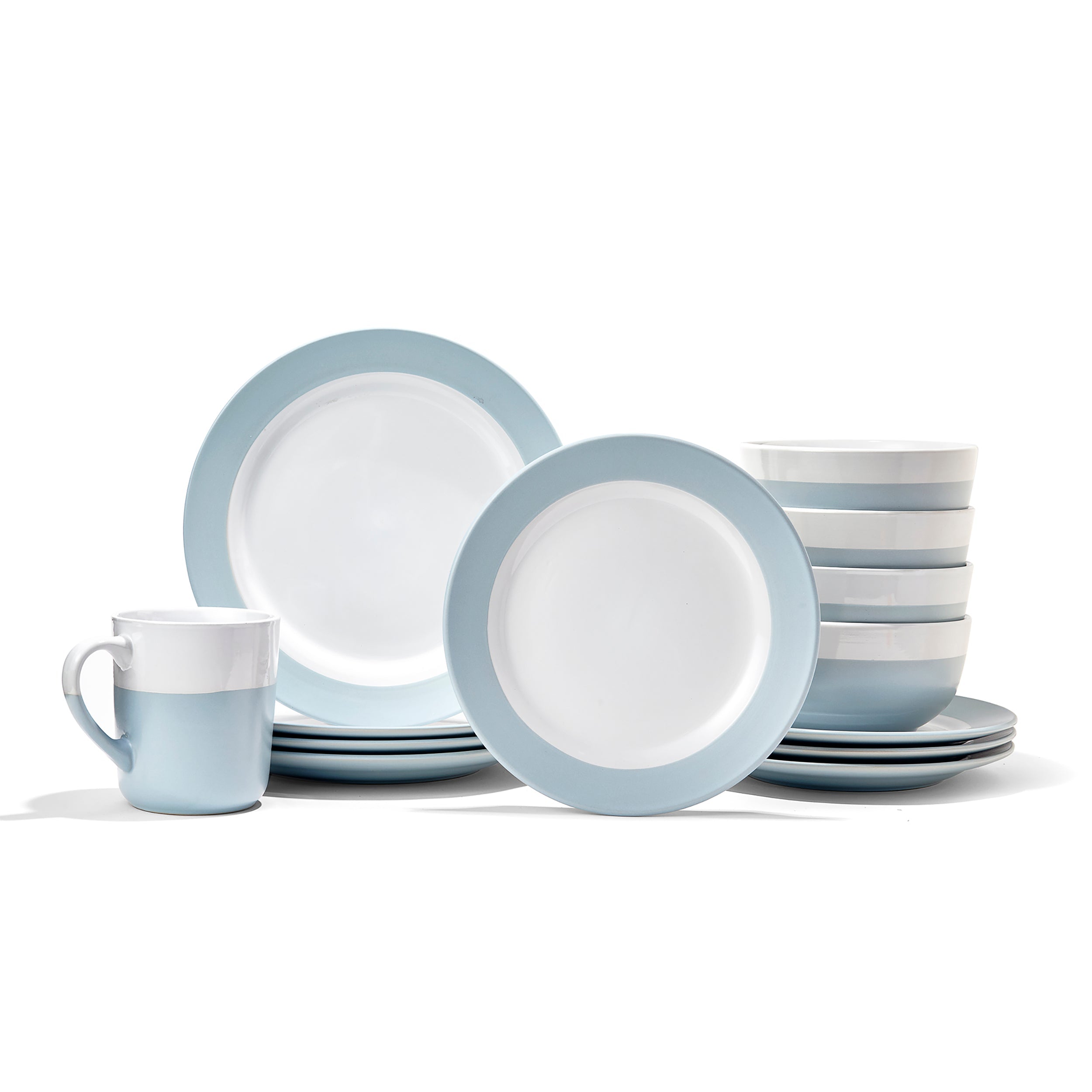SERENE LT BLUE  16 PC DINNERWARE SET: DP 10" SP 9", BOWL 6.5", MUG 26oz BOWL 38oz