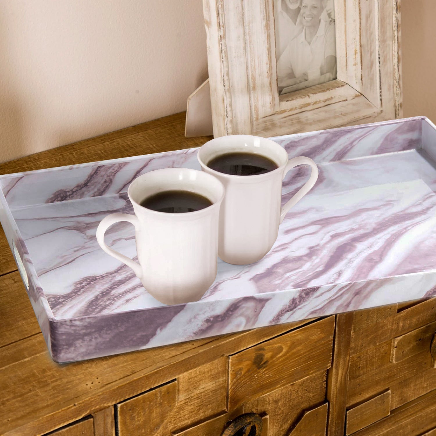 Marble Finish White/Brown Rectangular Tray - 14x19" Stylish Serving Tray