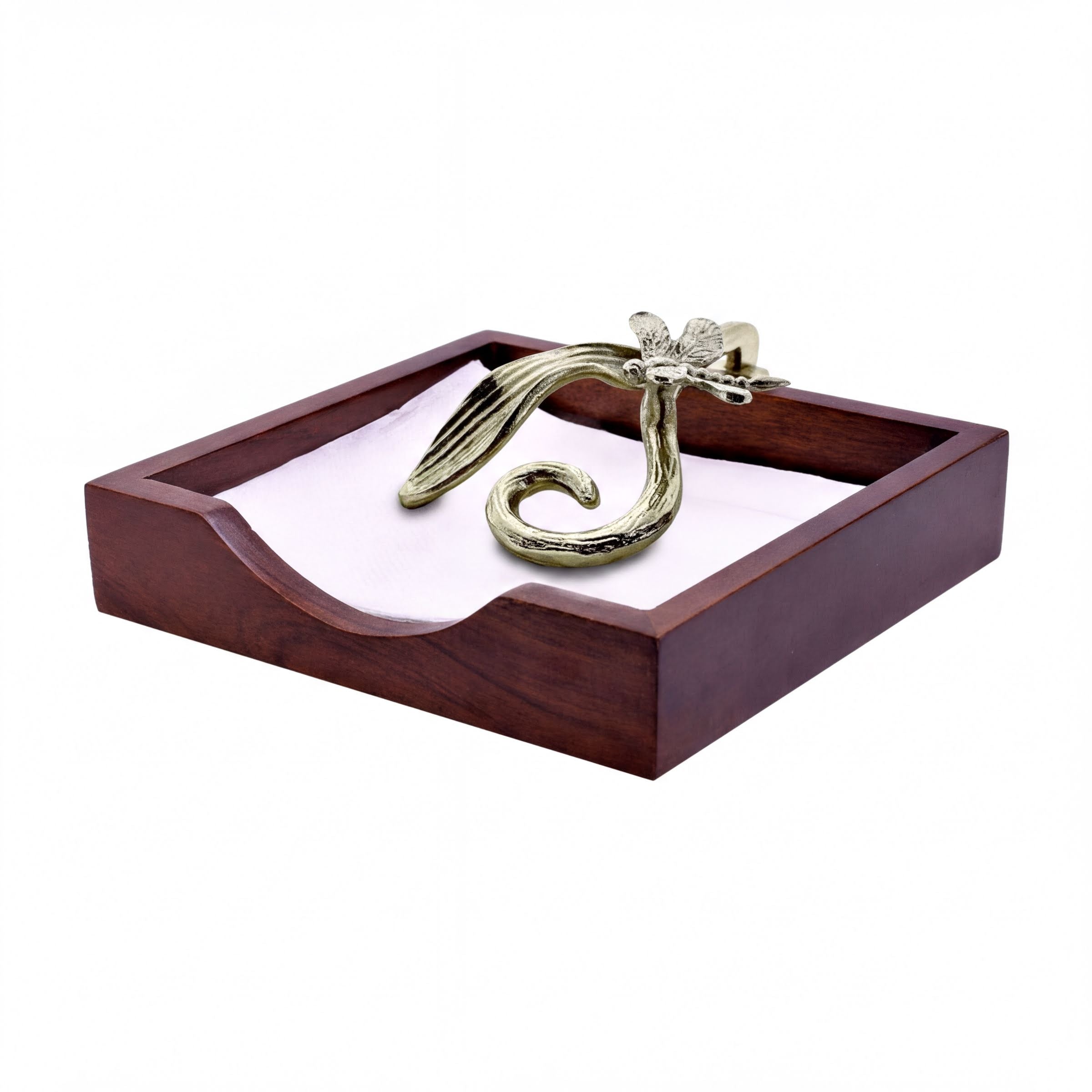 Wooden Napkin Holder - Silver Gold Metal Finish Ornament with Weighted Arm